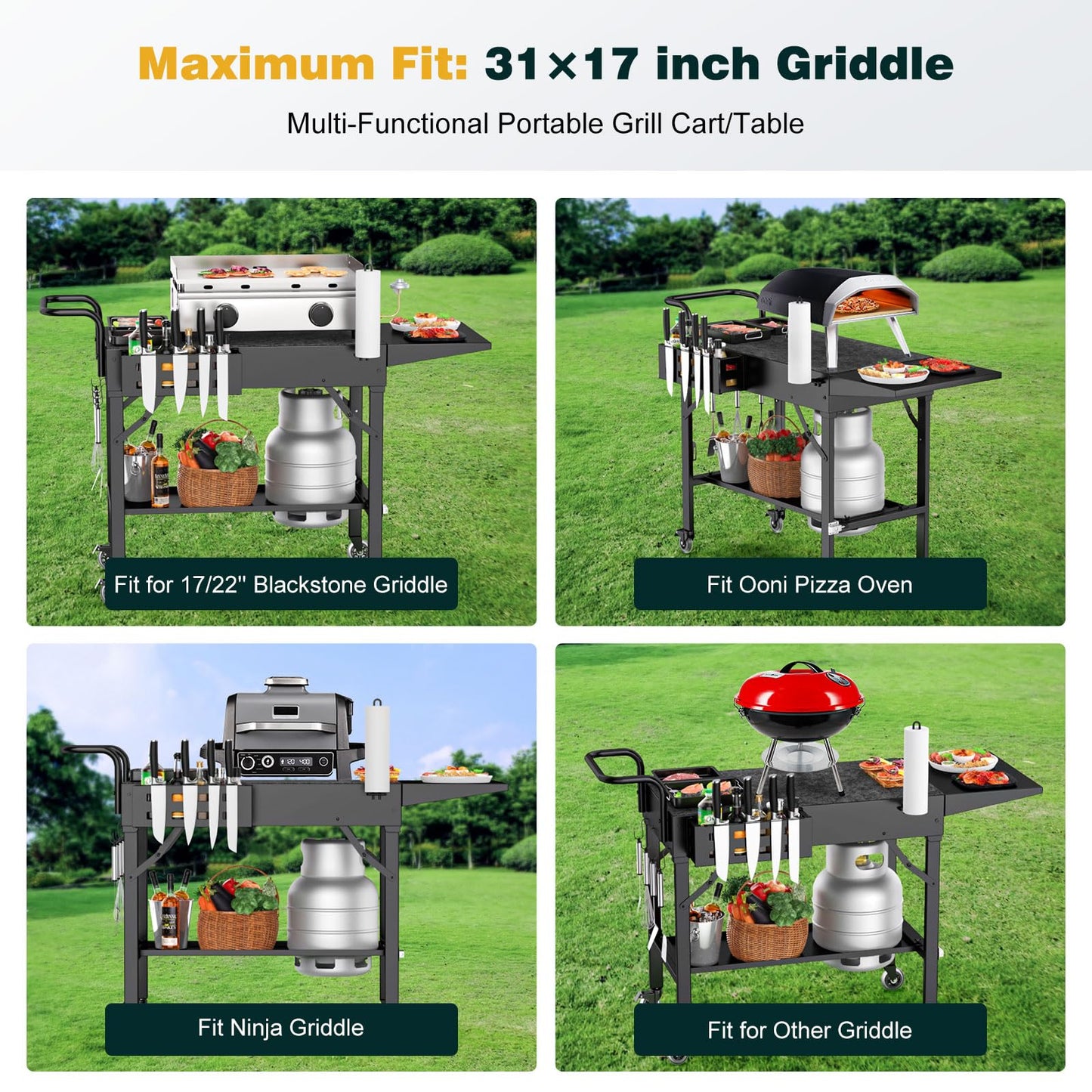 Outdoor Grill Table, Blackstone Griddle Stand, 440lbs Folding Grill Cart, Pizza Oven Table Stand for Onni,Food Prep Table with Wheels for Outdoor BBQ Camp Ninja Woodfire Grill Stand, 31" W x 17" D