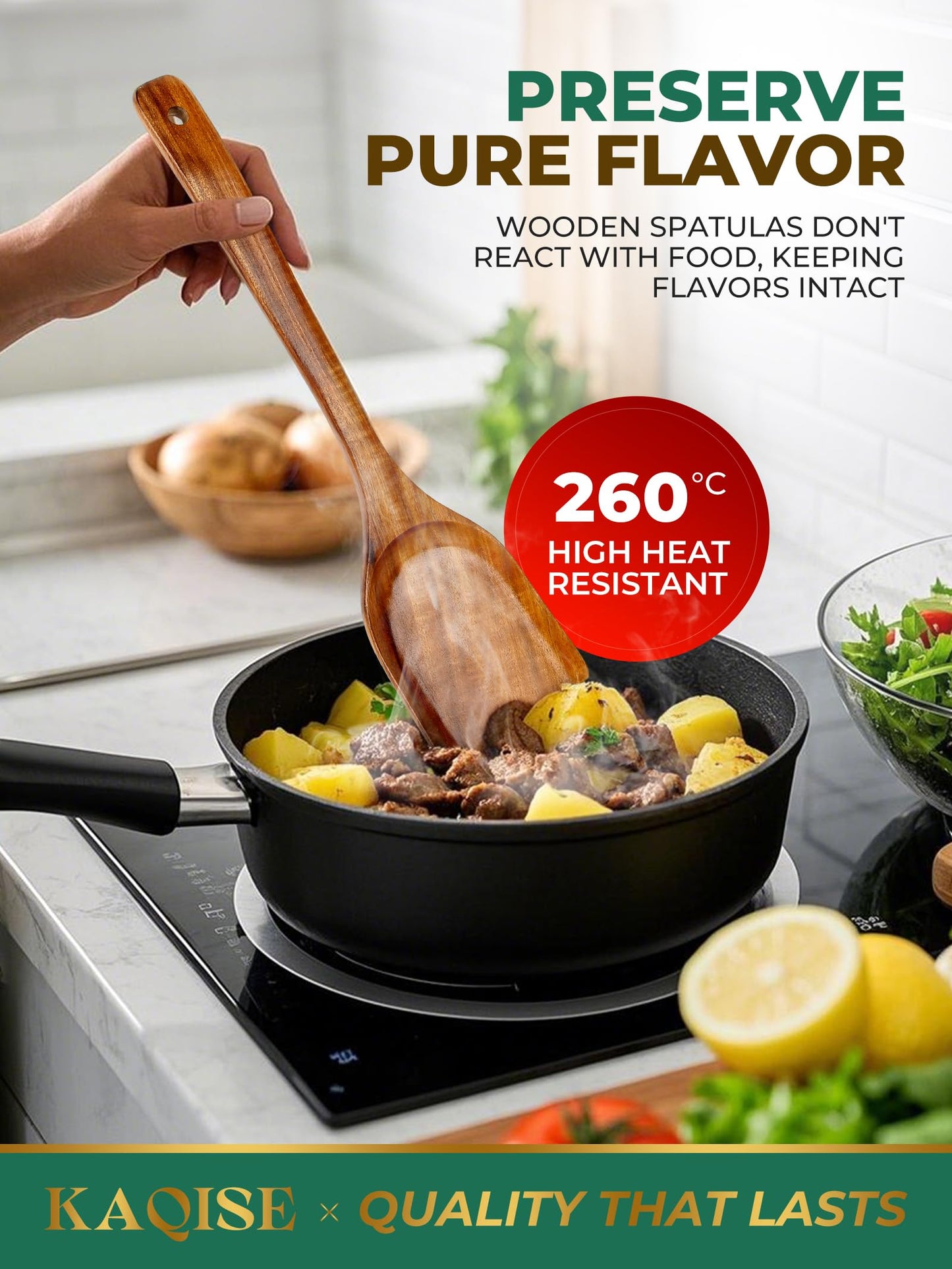 KAQISE Handmade Wooden Spatulas for Cooking, Natural Teak Wood Kitchen Utensils, Smooth Finish Wooden Flat Cooking Spatula Turner Set (2Pcs)