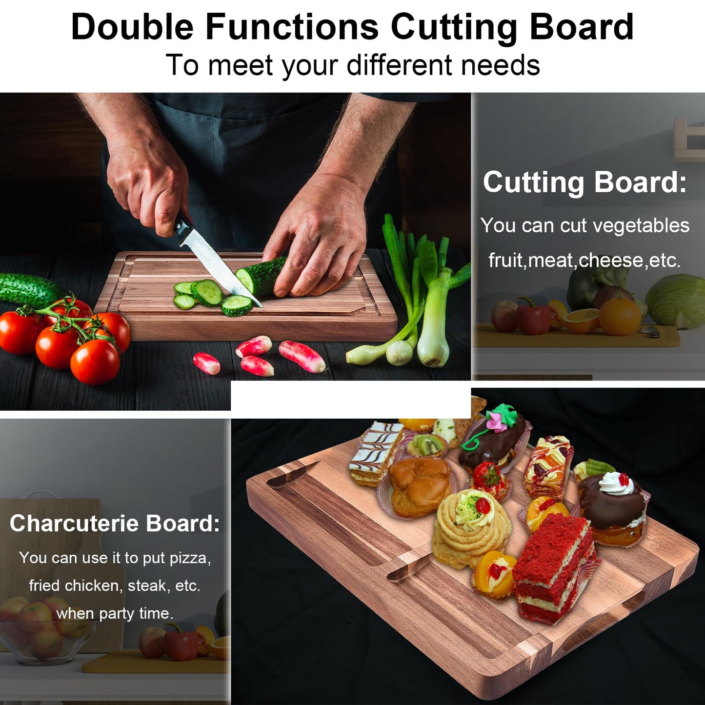 Cutting Boards,16"L x 12"W Acacia Wooden Cutting Board for Kitchen,Wood Chopping Board with Juice Groove and Sorting Compartment,Pre-Oiled Carving Tray Charcuterie Board for Meat Cheese Fruit