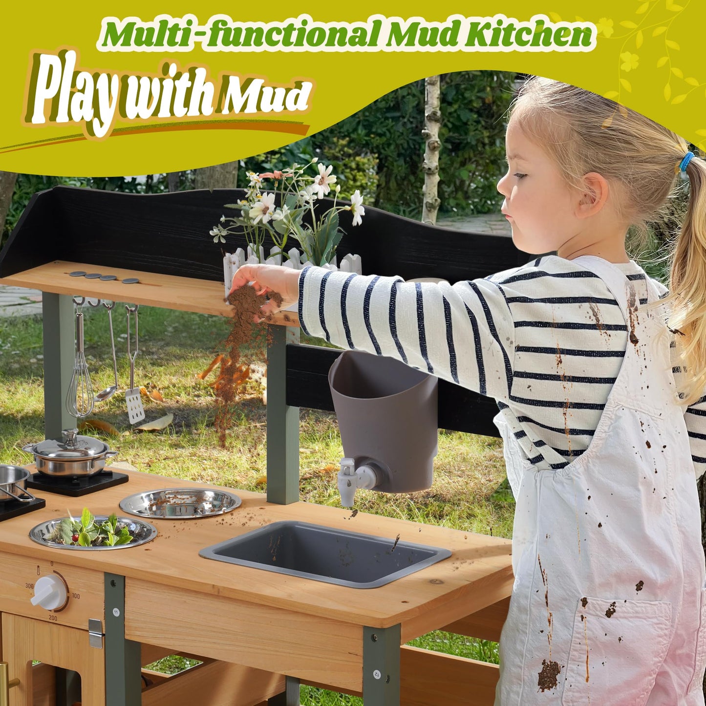 ROBOTIME Mud Kitchen for Kids Outdoor, Wood Outdoor Kitchen with Insect Observation Box & Planter Box, Toddler Play Kitchen with Removable Sink & Faucet, Pretend Outdoor Playset for Garden Fun