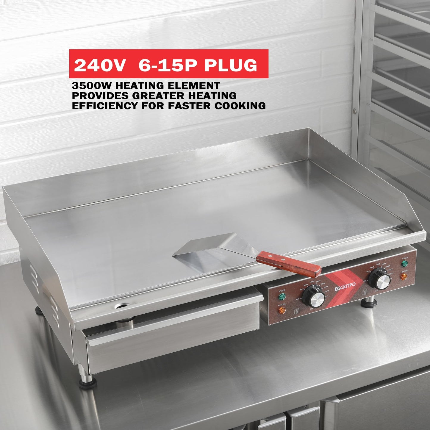 EGGKITPO Commercial Electric Griddle 29 Inch Large Countertop Griddle Non-Stick Flat Top Grill Stainless Steel Teppanyaki Griddle with Adjustable Temperature 90℉-575℉ for Restaurant Use 240V 3500W