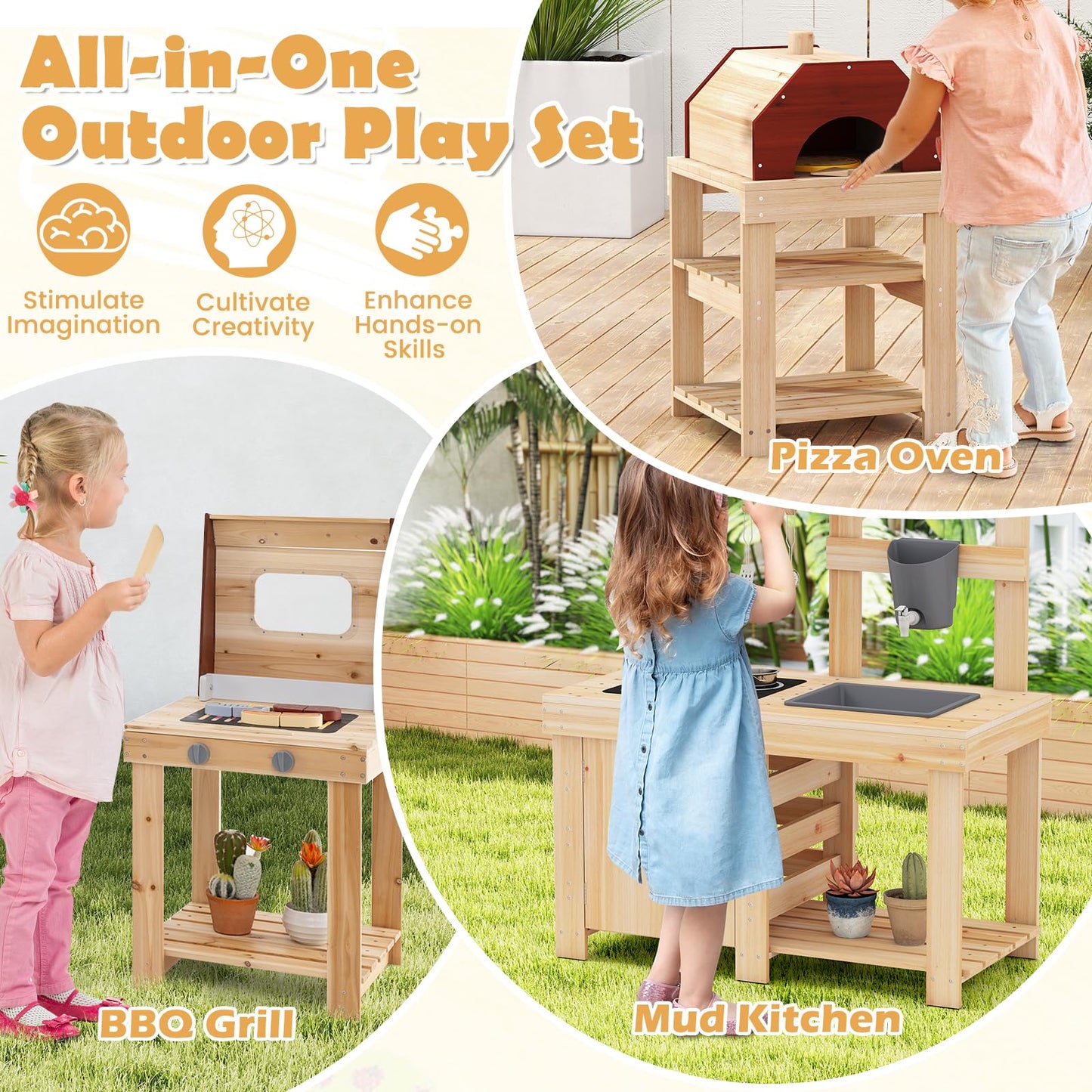 HONEY JOY Mud Kitchen, 3-Piece Modular Wooden Toddlers Play Kitchen/Pizza Counter Playset/Oven Barbecue Grill, Play Food and Accessories, Little Chef Pretend Mud Kitchen for Kids Outdoors, Natural