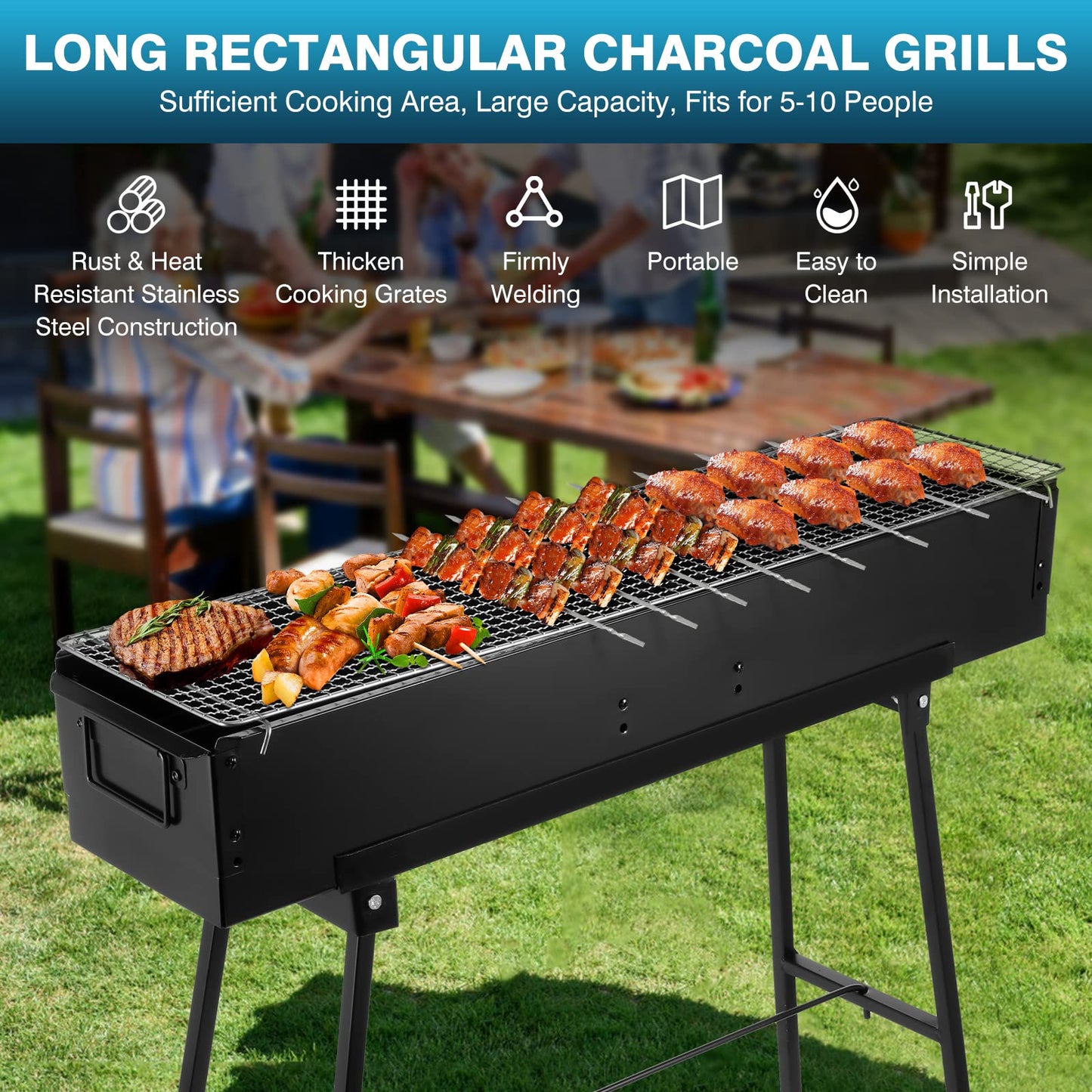 IRONWALLS Portable Charcoal Grill 32 Inch, Black Folding Stainless Steel Barbecue Grill for Outdoor Cooking, Large Lamb Skewer Grill for Patio, Party, Picnic, Travel, Camping, Home & Commercial Use