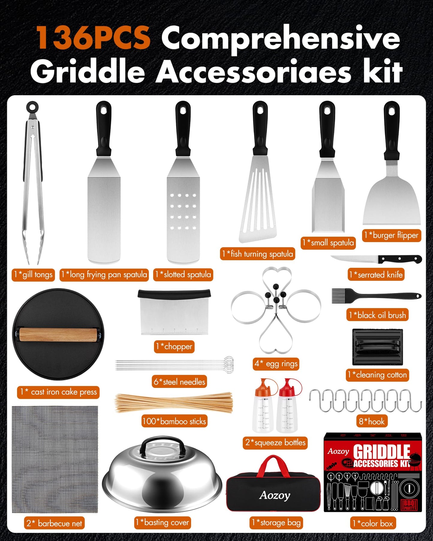 Griddle Accessories Kit - 136PCS Flat Top Grill Accessories for Blackstone and Camp Chef Metal Spatula Tools Set with Burger Press Scraper Tongs Carry Bag for Outdoor Grilling BBQ Cooking