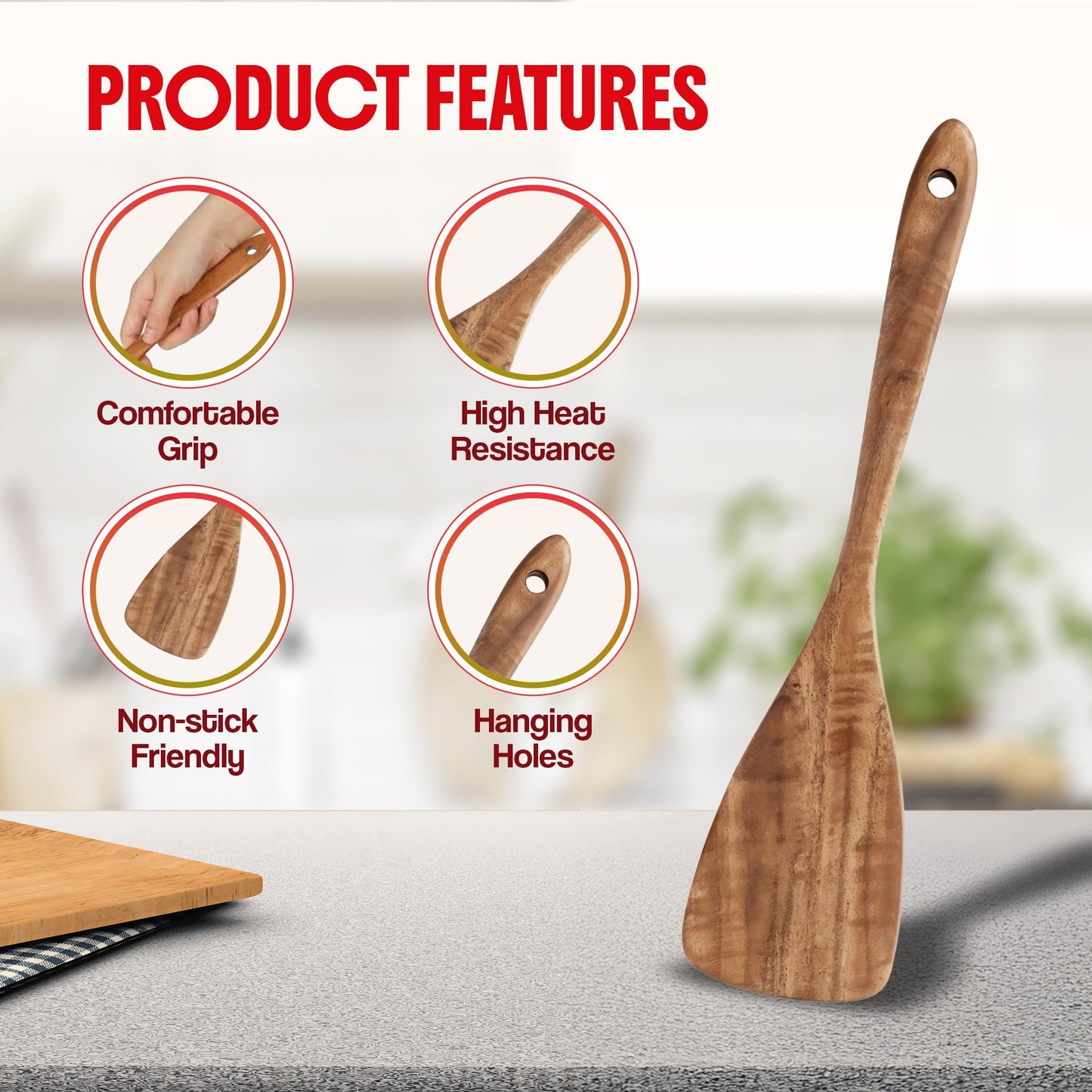 6 Piece Wooden Spoons for Cooking, Acacia Wood Kitchen Cooking Utensil Set for Nonstick Pans and Cookware | Wooden Spatulas & Spoons | Smooth Finish, Comfort Grip, Lightweight, Heat Resistant