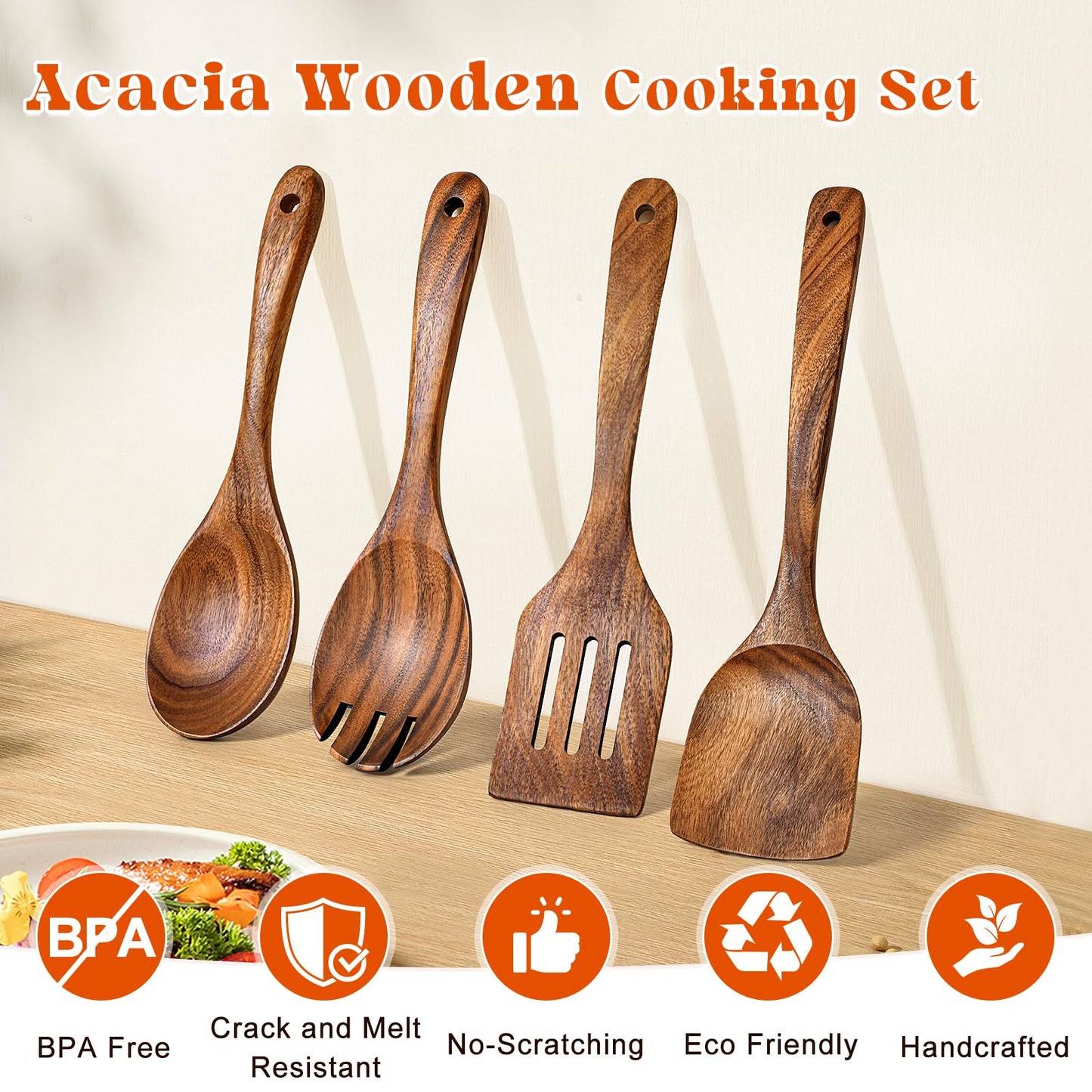 4Pcs Wooden Spoons for Cooking, Acacia Wood Kitchen Utensils Set for Nonstick Pans, Smooth Finish Cooking Utensils with Long Handle, Wooden Spatula for Cooking, Mixing, Baking