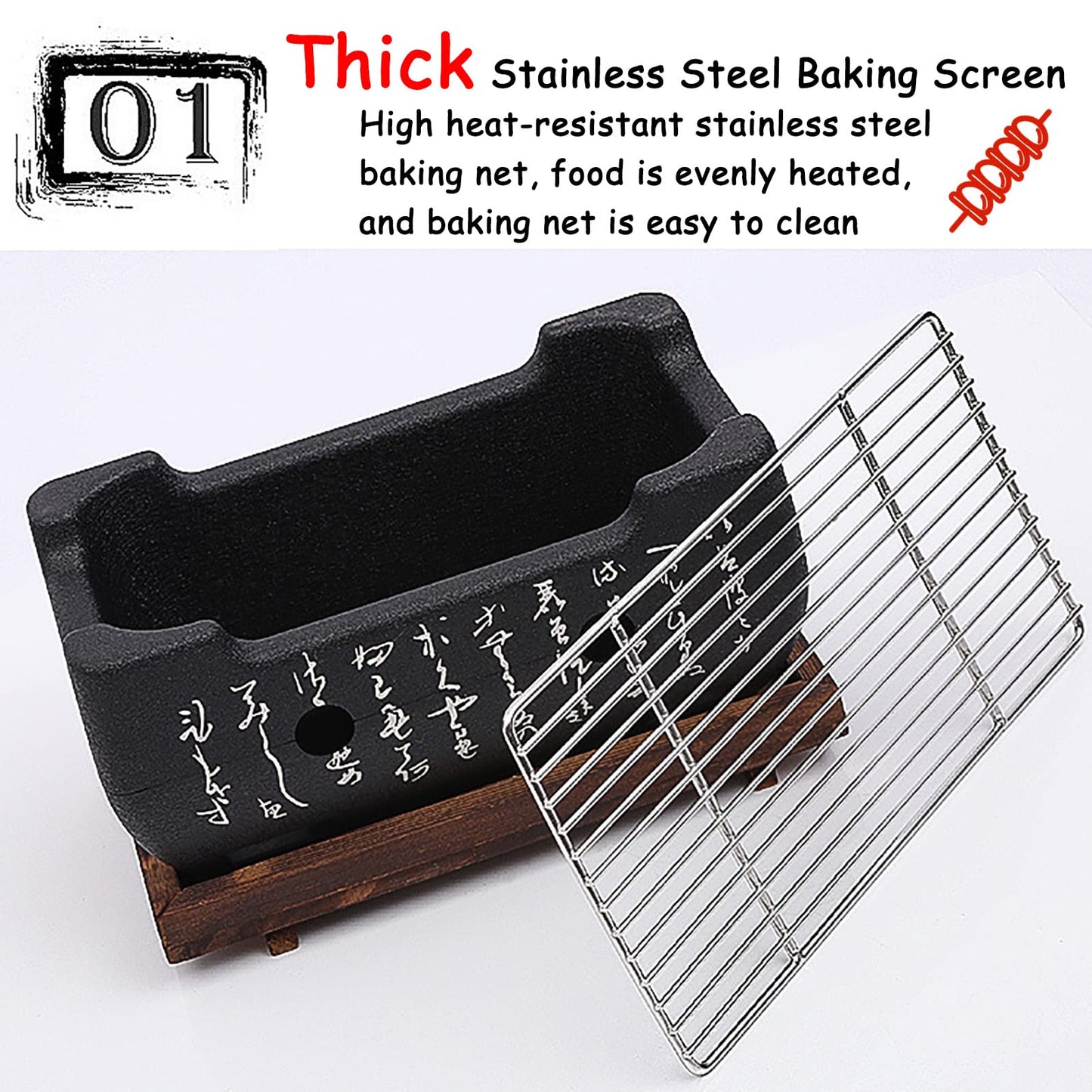 Hibachi Grill, Japanese BBQ Grill Portable Japanese Charcoal Grill Barbecue Stove Barbecue Stove with Wooden Base for Home Party (Size 24X12.5cm)