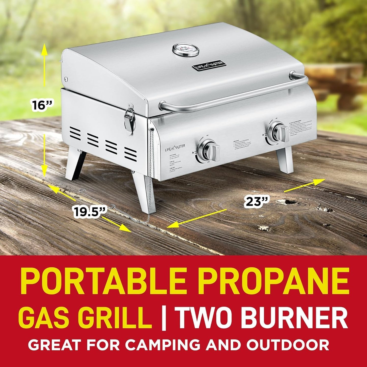 Lifemaster Portable Stainless Steel Gas Grill - 2 Burners Easy Clean Tabletop BBQ Propane Gas Grill with Foldable Legs and Wind Proof Lid for Camping and Outdoor - Silver