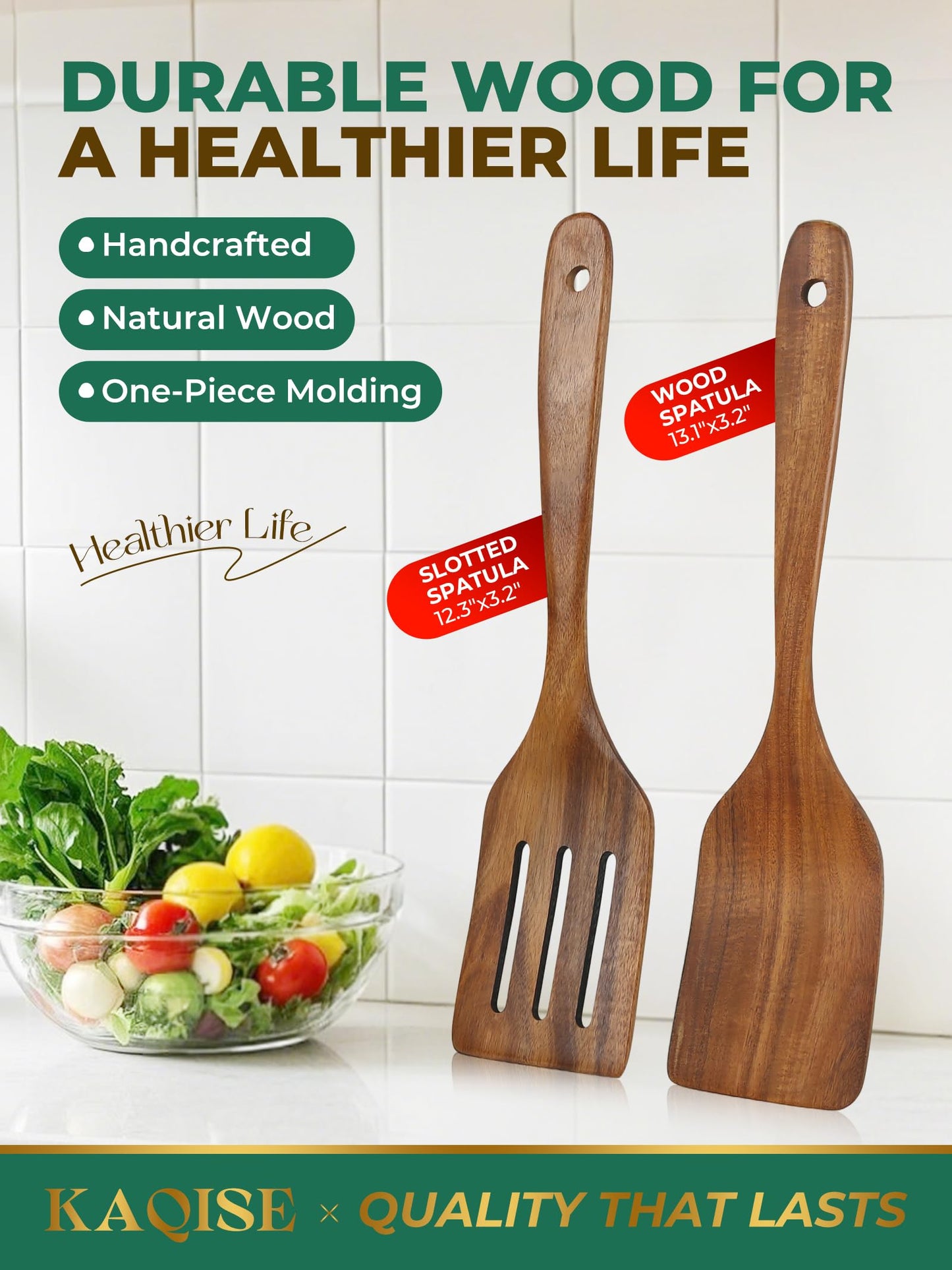 KAQISE Wooden Spatulas for Cooking, Teak Wood Kitchen Utensils Set, Natural Cooking Utensils Set, Flat Wooden Spatulas and Slotted Spatula Set (2Pcs)