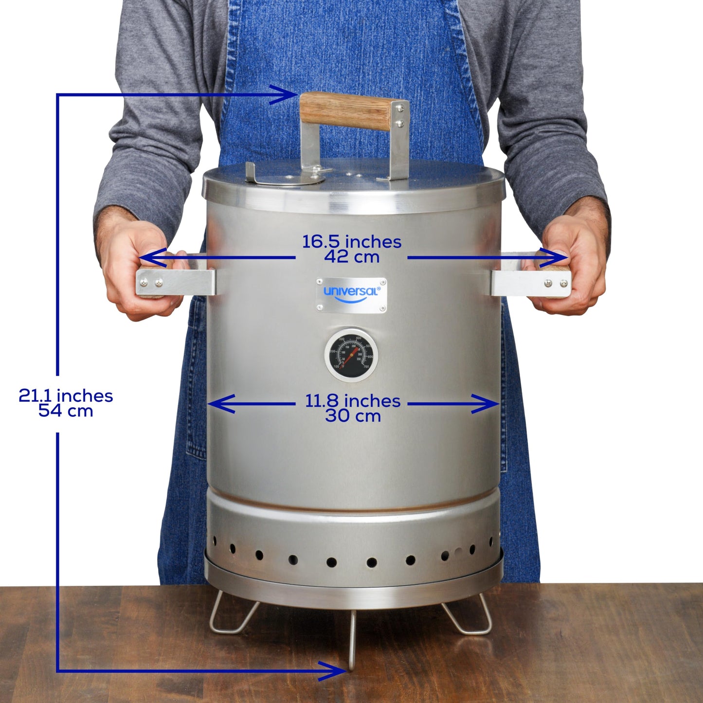 Universal (6-pound) Stainless Steel (Small) Charcoal Barrel Smoker with Thermometer & Airlock system - 16.5"x 21.18" x ⌀11.81", 2 in 1 Vertical Smoker - Grill and Smoker, 6-serving Slow Cooking Smoker