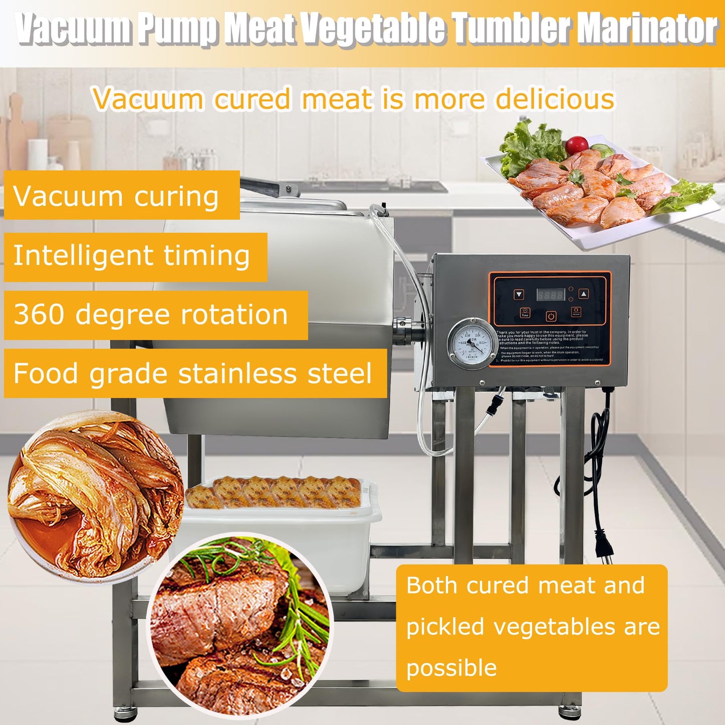 HayWHNKN Vacuum Tumbler Marinator Meat Vegetable Marinating Machine 45L Food Vacuum Marinator Fast Marination Process 110V Meat Pickle Machine 360° Rotation with Timer For Chicken Steak Burger Shop
