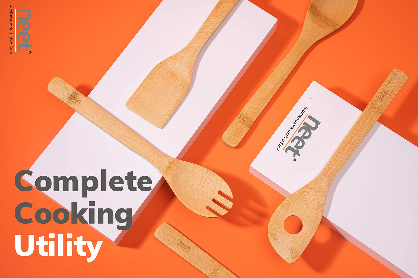 Neet Wooden Spoons For Cooking 6 Piece Organic Bamboo Utensil Set With Holder Wood Kitchen Utensils Spatula Spoon For High Heat Stirring In Nonstick Pots & Pans Quality Gift & Everyday Use