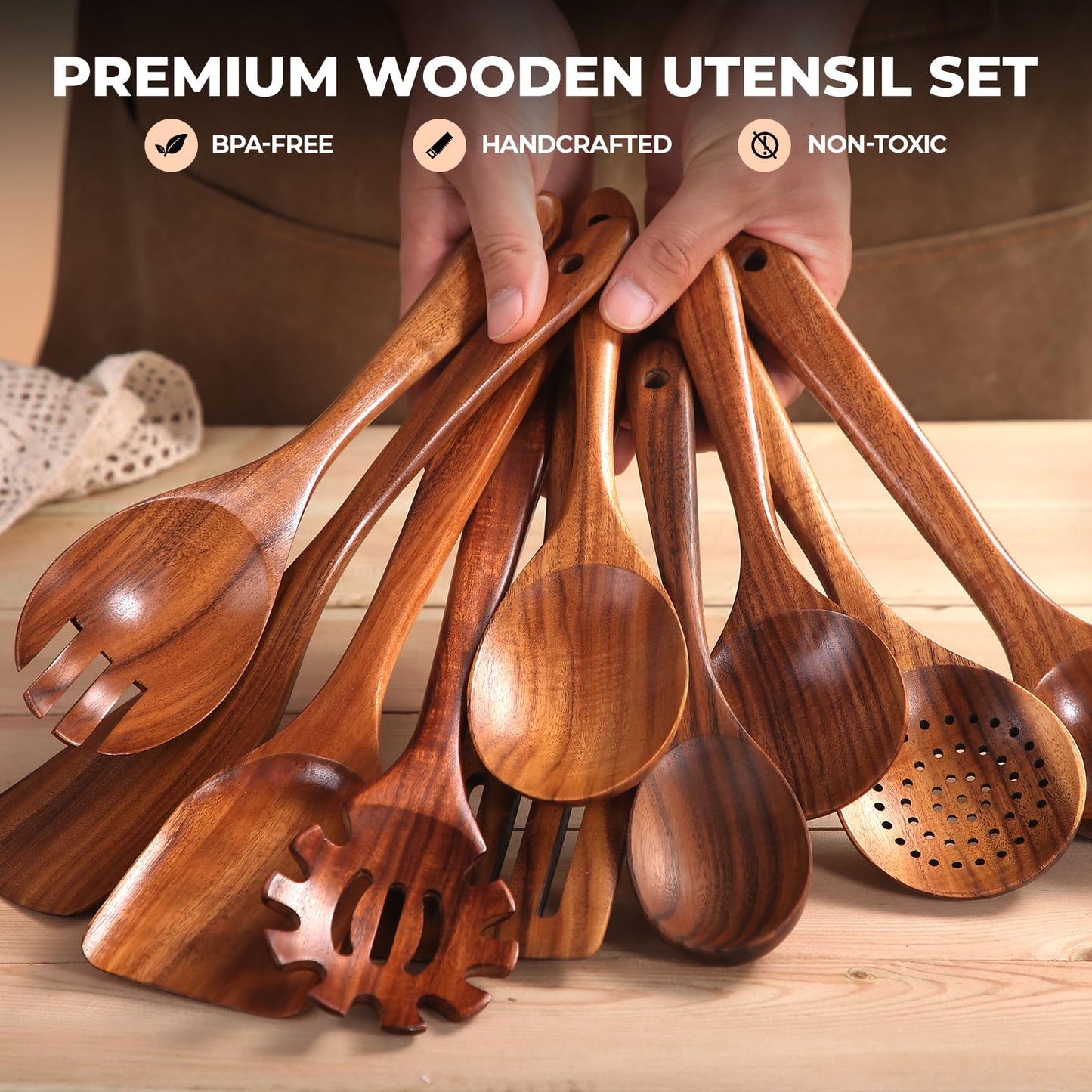 AIUHI Teak Wooden Utensil Set of 10, Wooden Utensils for Cooking, Non Stick Kitchen Spatula Set for Cooking, Serving
