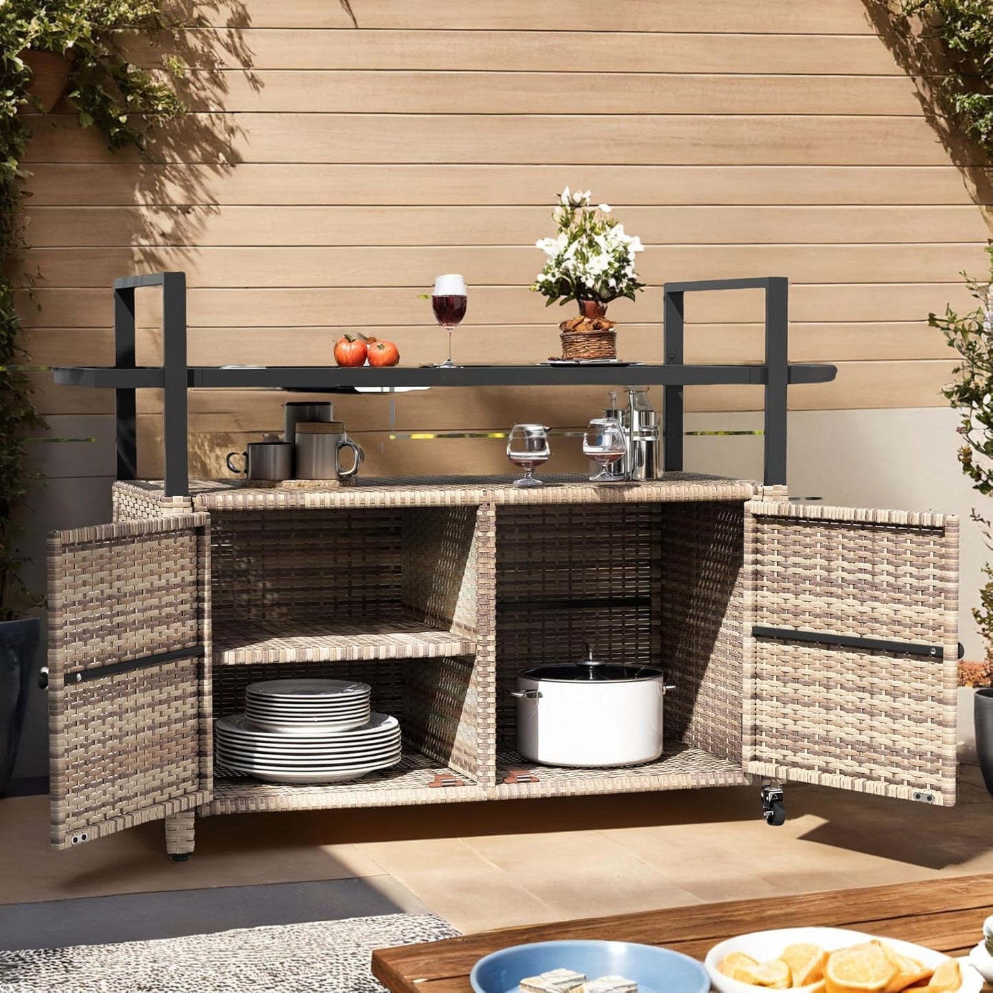 DWVO XL Outdoor Storage Cabinet,Patio Storage Table with Glass Top, Bar Table with Wheels,Outdoor Bar Cart for Patio, Poolside and Backyard,Light Brown