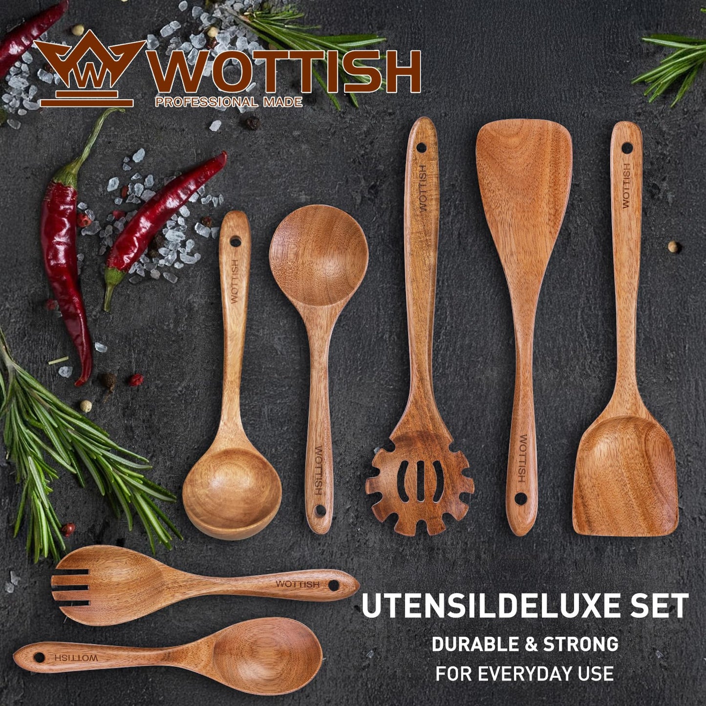 Wooden Utensil Set,WOTTISH 7Pcs Nonstick Wood Spatula,Wooden Kitchen Utensils Set Non Toxic,Wooden Spoons for Cooking(A07)