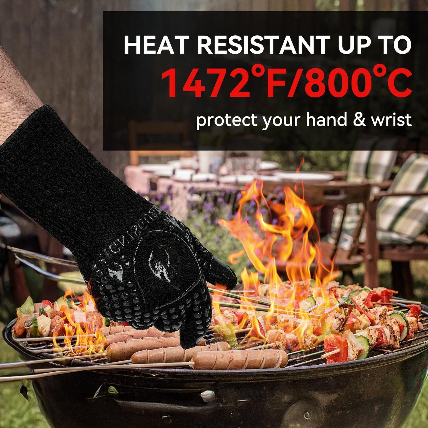 IGNISGUARD BBQ & Grill Gloves, 1472°F Silicone Oven Mitts Heat Resistant Gloves for Cooking, Oven Gloves with Fingers Fireproof Non-Slip Kitchen Gloves for Baking Grilling, 1-Pair Black