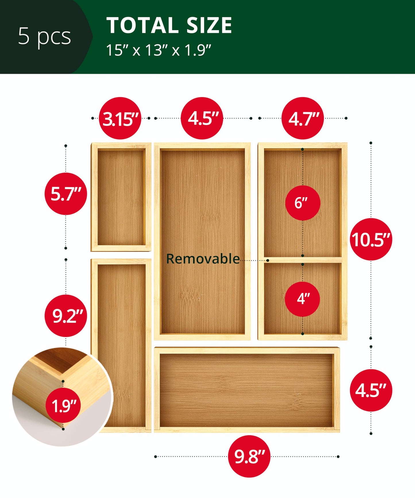 ROYAL CRAFT WOOD 5-Piece Bamboo Drawer Organizer Set โ Multi-Use Storage Trays for Kitchen, Bathroom, Office, Makeup, Jewelry & More โ Junk Drawer Tray, Utensil Holder, Storage Box & Bin Set (5 Boxes)
