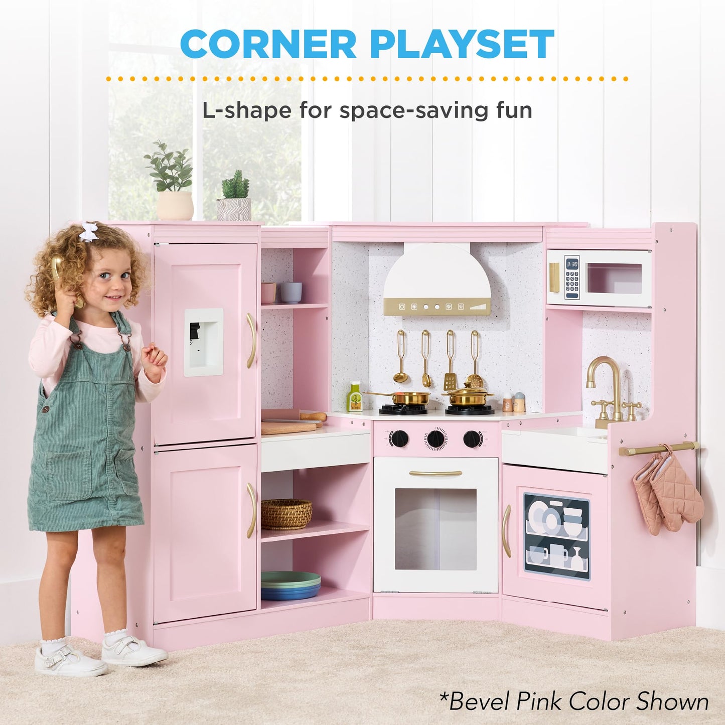 Best Choice Products Pretend Play Corner Kitchen, Ultimate Interactive Wooden Kids Playset w/Lights & Sounds, Ice Maker, Hood - Farmhouse White