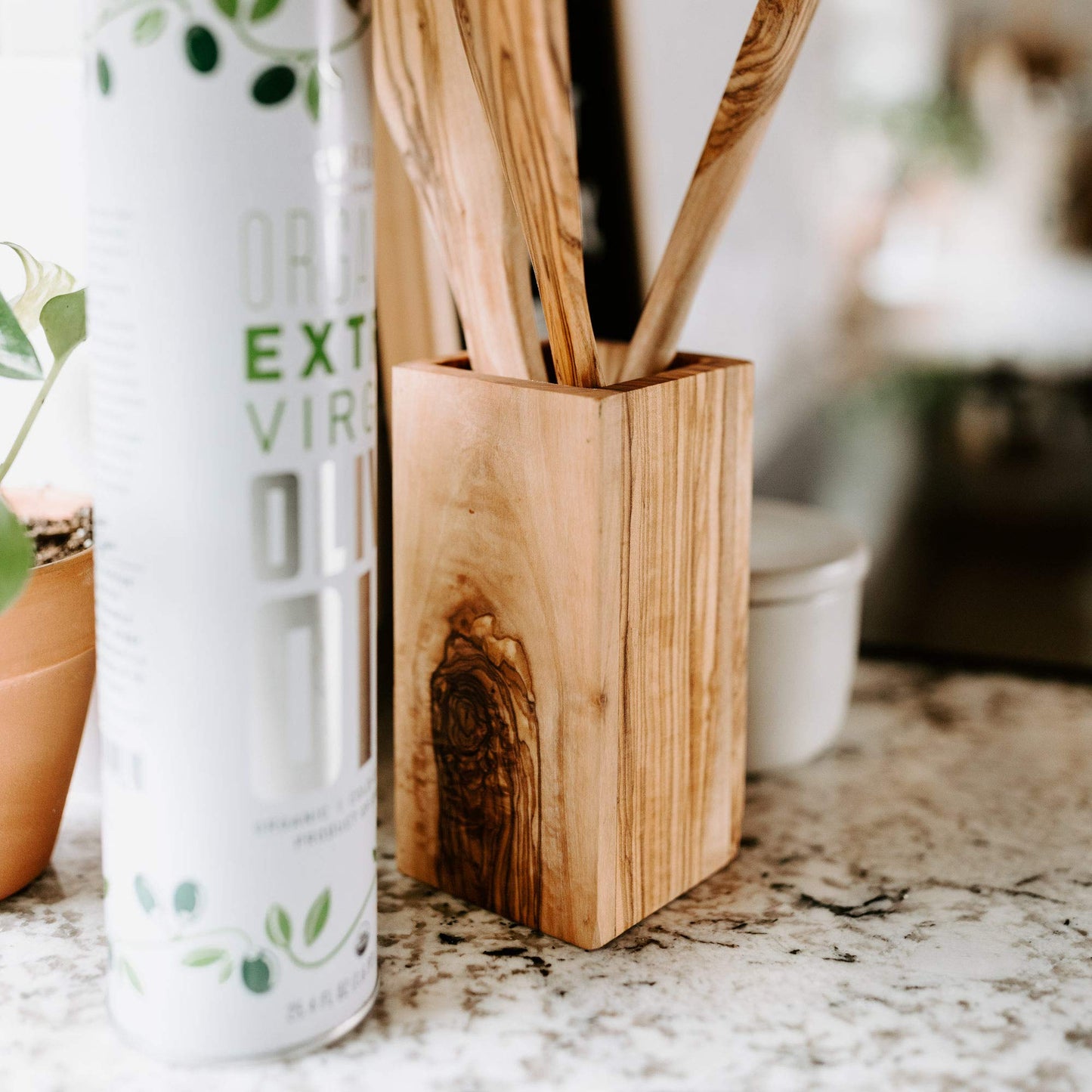 Tramanto Olive Wood Utensil Holder - Compact 3 x 3 Inch Square Wooden Crock for Kitchen Tools and Cooking (6 Inch Tall)