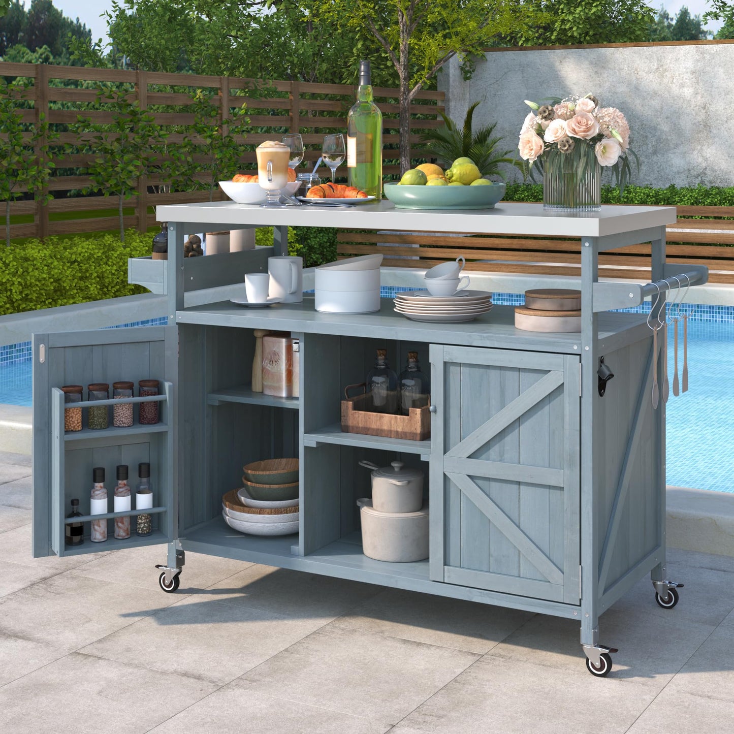 LZ LEISURE ZONE Outdoor Kitchen Island, Farmhouse Rolling Mobile Kitchen Island with Storage, Solid Wood Outdoor Grill Cart Table with Stainless Steel Top for Kitchen/Barbecue, Grey Blue