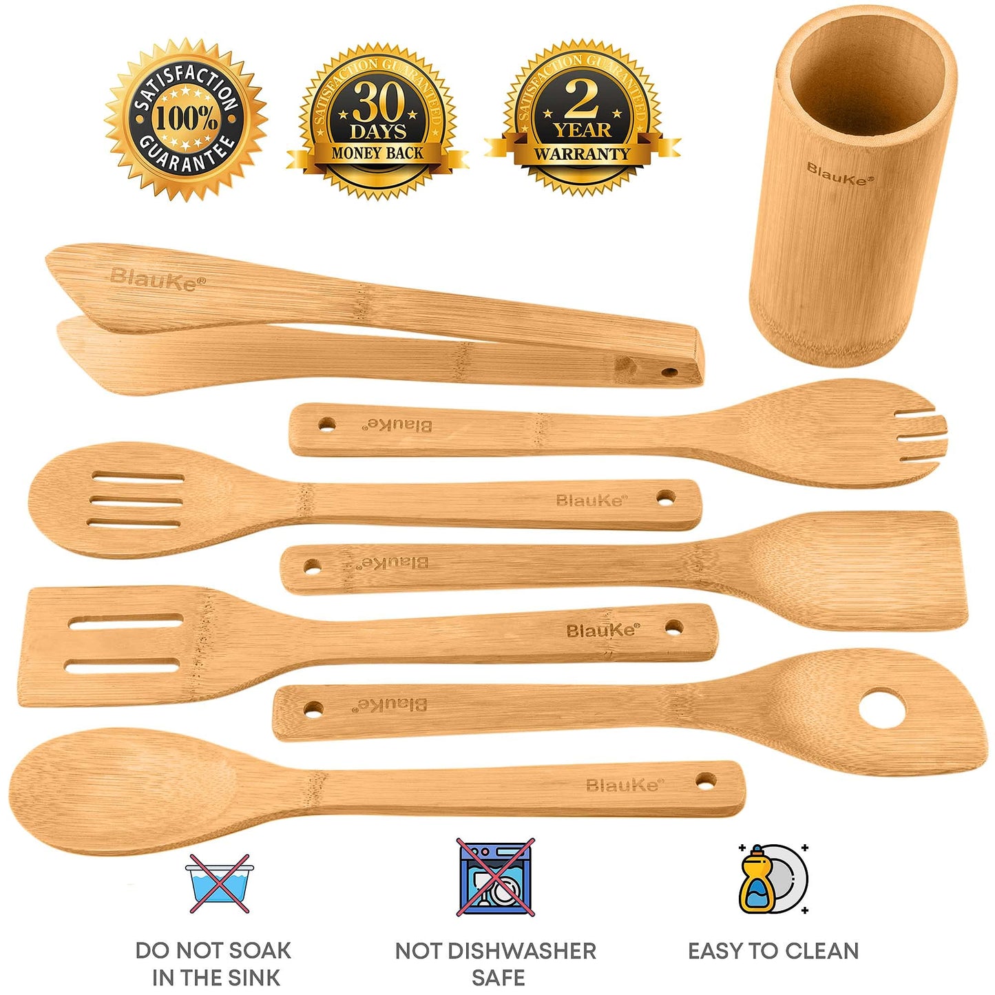 Wooden Spoons for Cooking 8-Pack – Bamboo Kitchen Utensils Set – Nonstick Wooden Cooking Utensils – Wood Spatula Spoon Tongs Utensil Holder – BlauKe®
