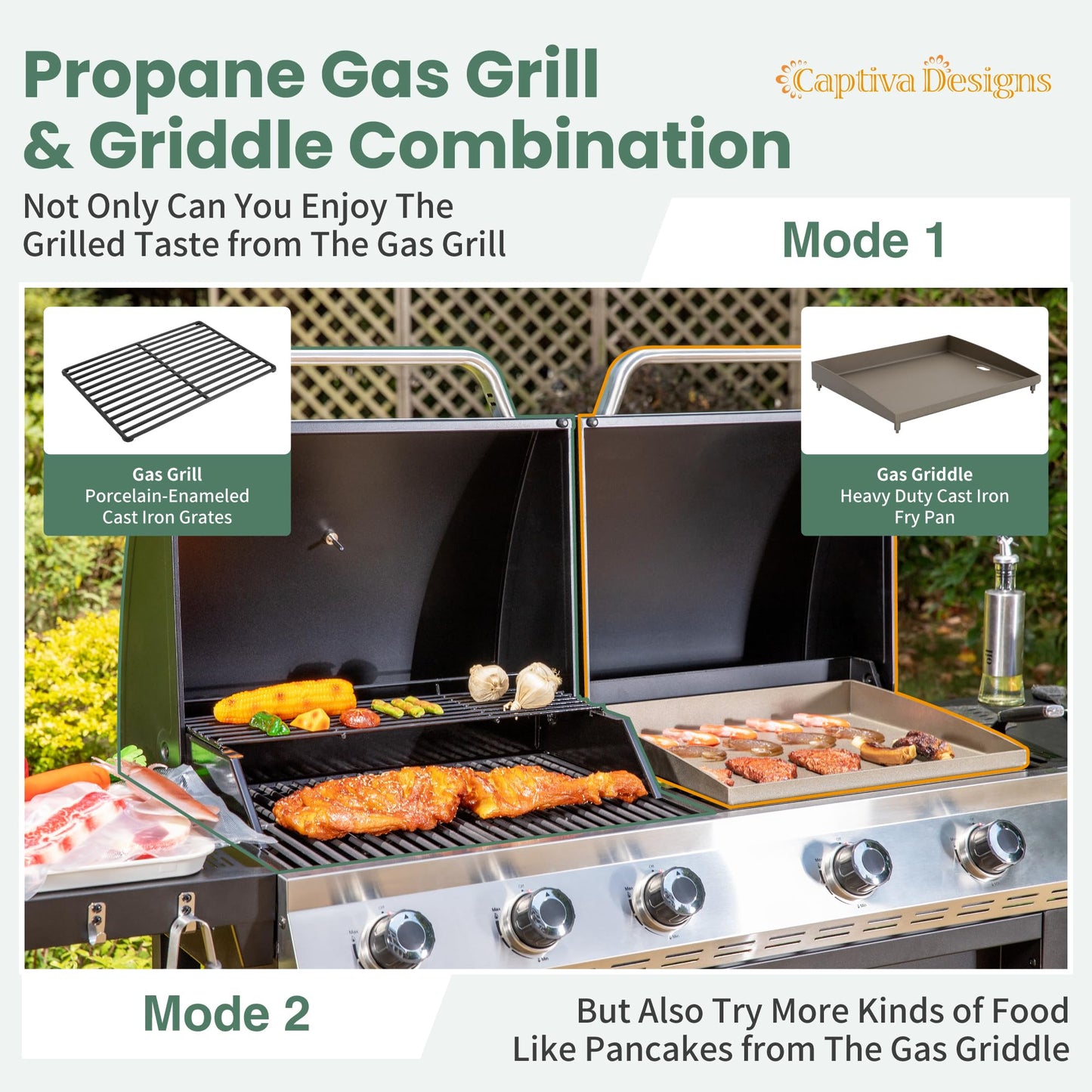 Captiva Designs Propane Gas Griddle Grill Combo with Porcelain-Enameled Cast Iron Grate & Cast Iron Pan, Dual BBQ Grill With Flat Top Griddle for Outdoor Kitchen & Backyard Barbecue,696 SQIN Cook Area