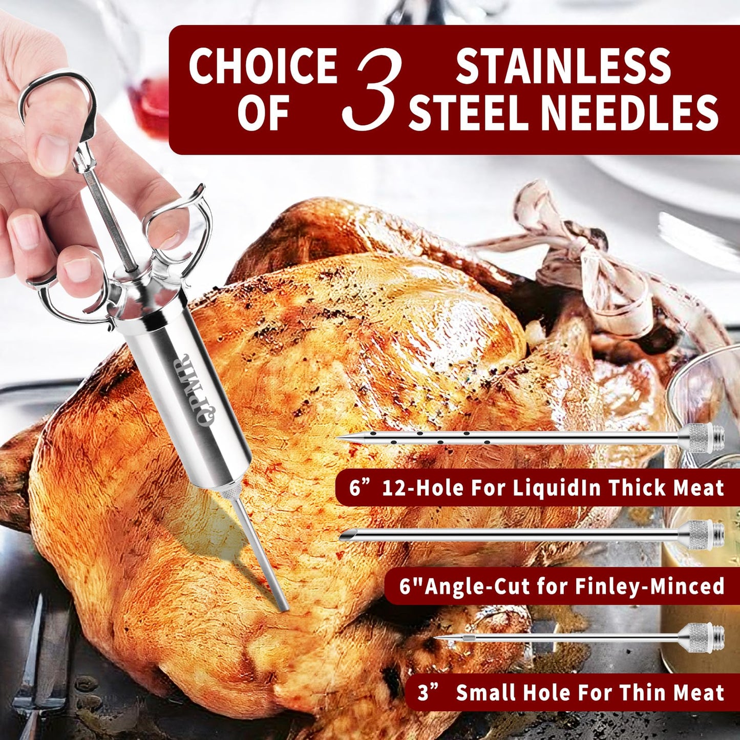 QPMR Meat Injector Syringe Kit, 2-oz Large Capacity Marinade Turkey Injector with 3pcs Stainless Steel Marinade Injector Needles for BBQ Grill Smoker & Turkey & Brisket