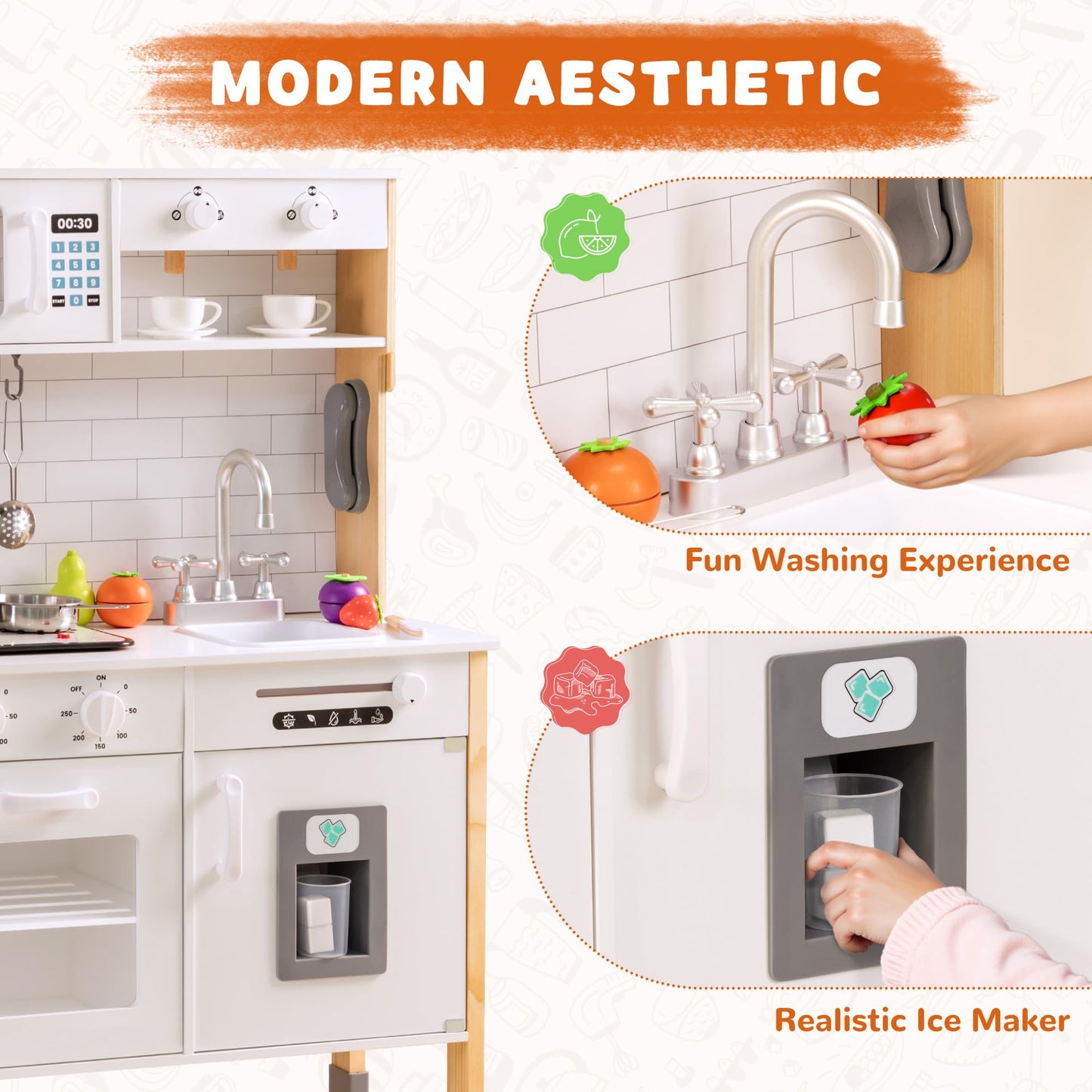 PHGLL Play Kitchen for Kids Wooden Kitchen Toy Playset w/Light and Clicking Knobs, Chef Pretend Play Set w/Microwave, Oven, Coffee Machine, Ice Maker, Telephone, Toy Kitchen Set for Toddlers (White)