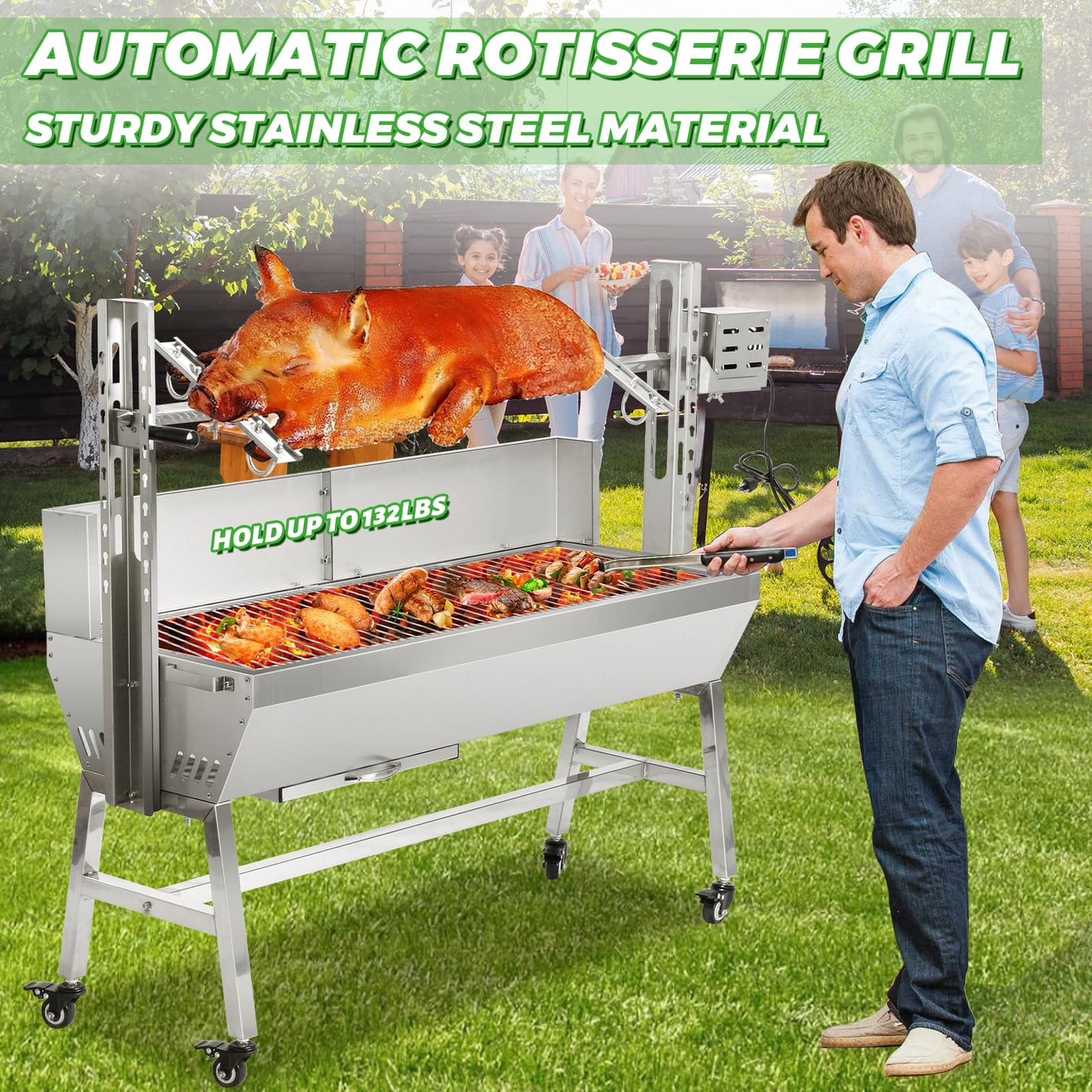 SGOLAN Stainless Steel Rotisserie Grill with Windbreak 35 Inch Pig Roaster, Electric 40W Motor Pig Lamb Rotisserie 132 Lbs Capacity BBQ Rotisserie Grill for Camping, Party (35 Inch)