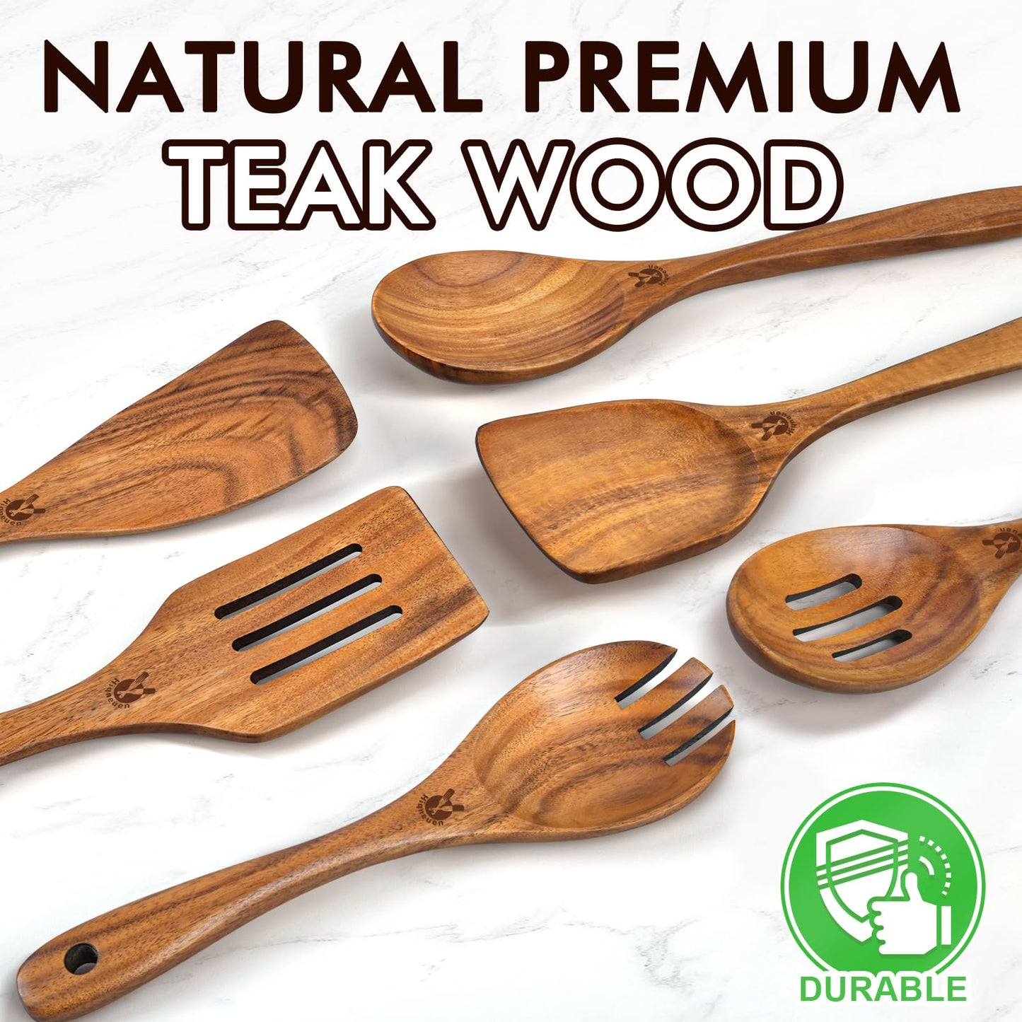 Wooden Spoons for Cooking, 6 Pcs Natural Teak Wooden Kitchen Utensils Set, Cooking Utensils Set with Long & Comfort Grip, Wooden Spoons Spatula Set Perfect for Non-Stick Cookware