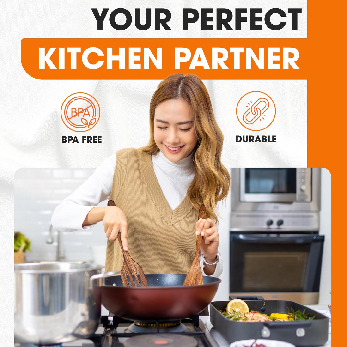 Cheer Collection Wooden Utensil Set - 9 Piece Cooking Utensils with Holder, Premium Taek Wood Spoons & Spatulas for Cooking, Heat Resistant, Non-Stick, and Safe Wooden Cooking Utensils