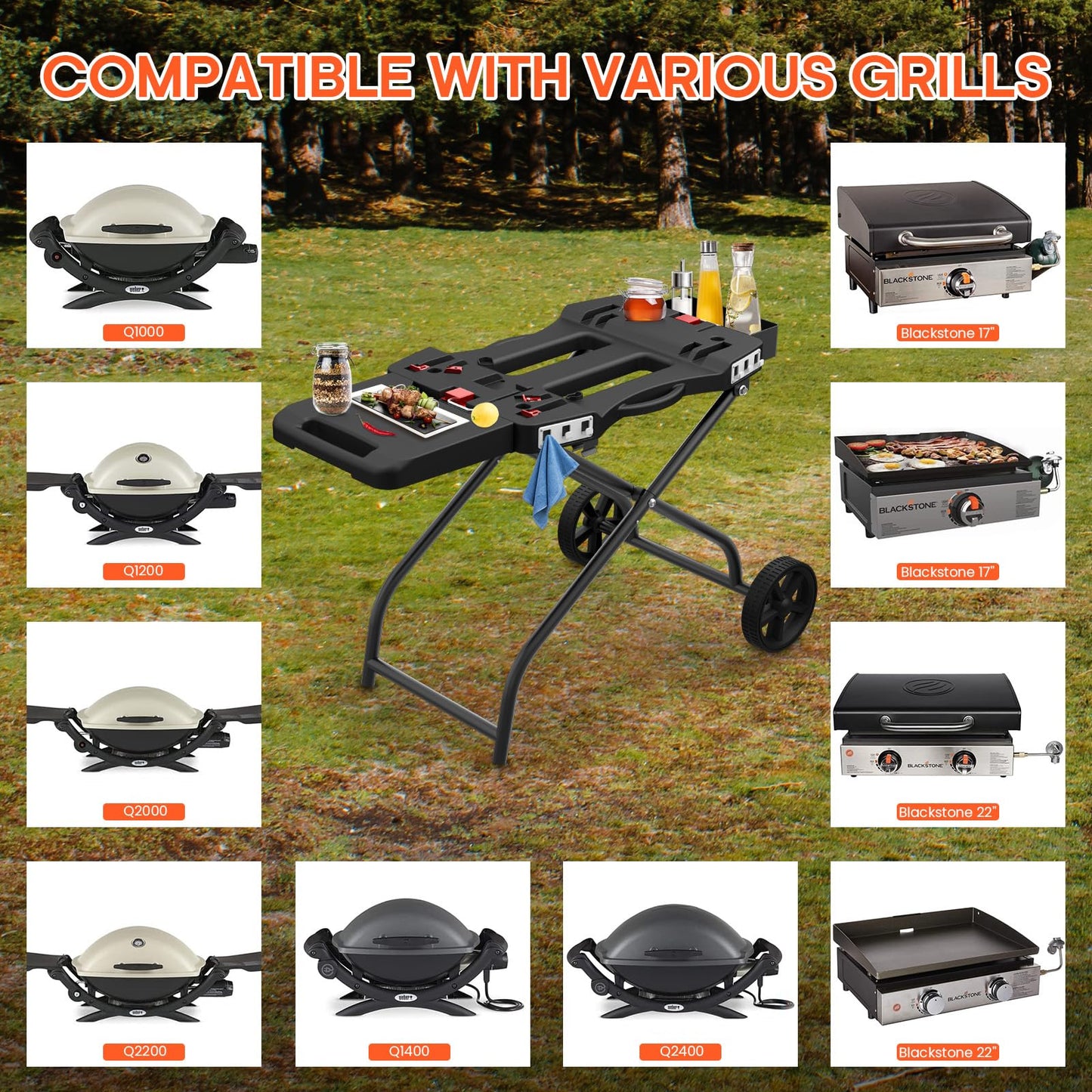 QuliMetal Portable Grill Cart for 17" & 22" Blackstone Griddles and Weber Q1000, Q1200, Q2000, Q2200 Series Grills - Durable, Foldable Cart Table with Wheels Hooks,BBQ Prep Table with Seasoning Tray
