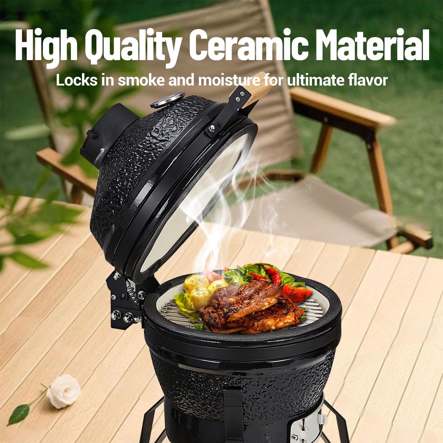 GarveeLife 13-Inch Portable Ceramic Charcoal Grill with Grill Stand, Egg Shaped Ceramic Charcoal Grill w 10.6" Stainless Steel Cooking Grate, Heat Deflectors and Ash Tool for Outdoor Barbecue, Baking