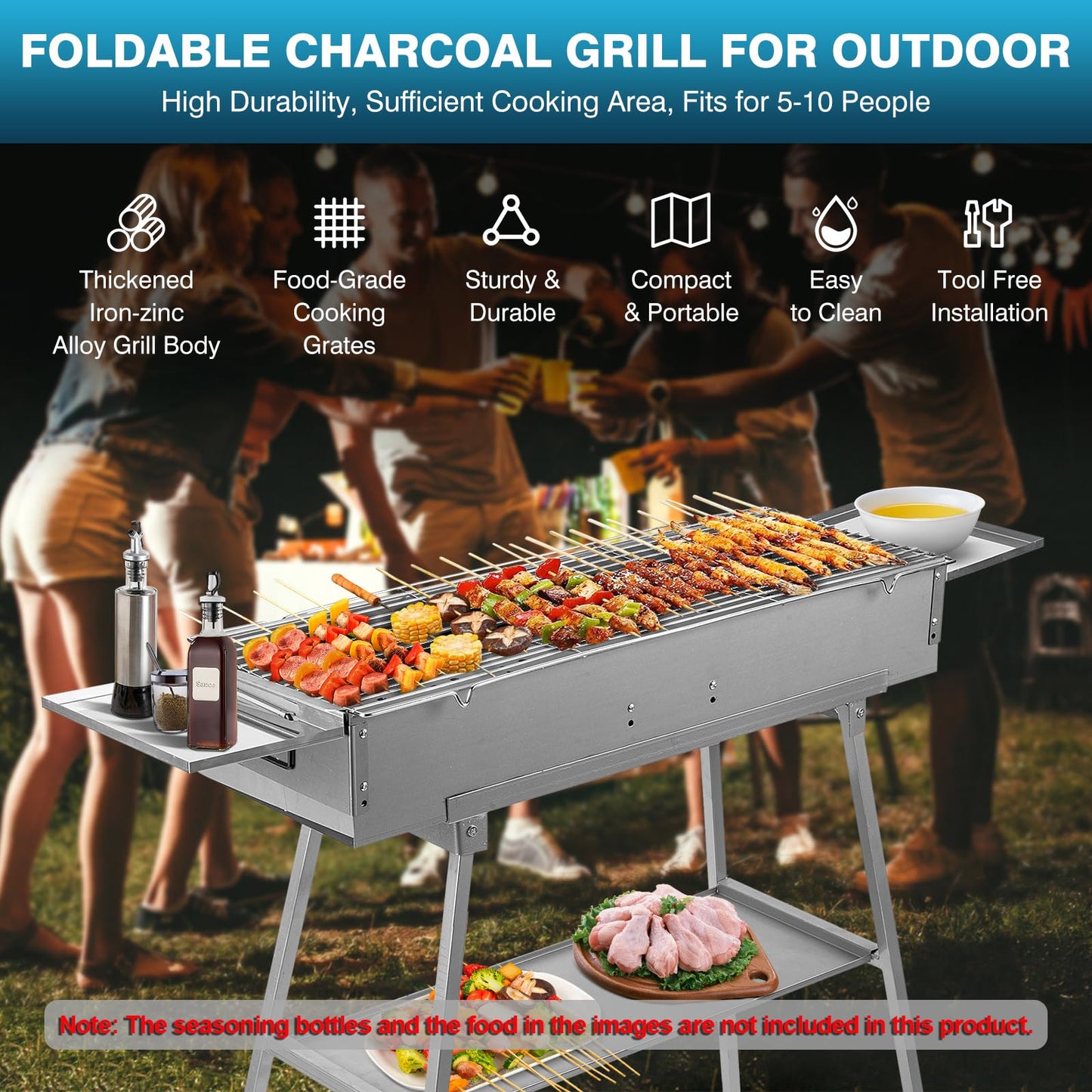 IRONWALLS Portable Charcoal Grill Outdoor Cooking, 32”L x 10”W Folded Camping Barbecue Grill with Storage Shelf, Metal Kebab Skewers, Rectangular Lamb Skewer Grill for Backyard Party Picnic Travel