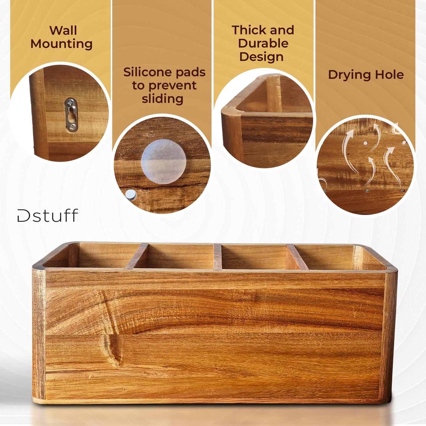 Dstuff Large Kitchen Utensil Holder Organizer for Counter or Countertop, Wooden Storage Container for Cooking and Silverware, Acacia Rustic Wood (4 Compartments)