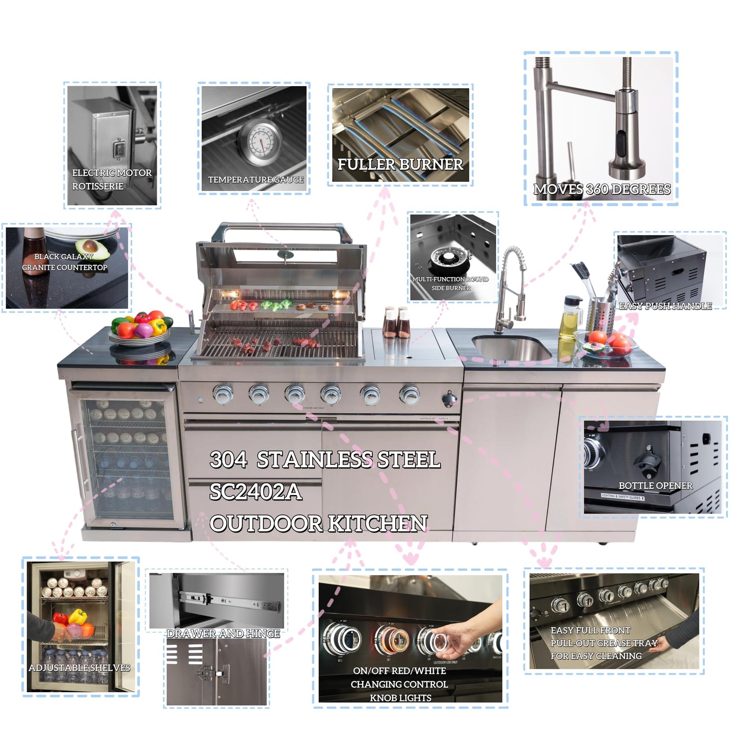 Outdoor Grill Islands 104" 4-Burner: 72000 BTU Outdoor bbq Island with Refrigerator Rotisserie kit Stainless steel Sink and Storage | Easy Setup