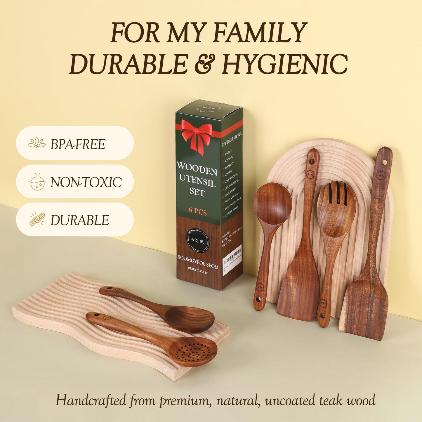 Wooden Spoons for Cooking – 6-12 Piece Teak Wood Cookware Utensil Set with Smooth Finish – Non-Stick, Comfortable Grip – Durable, Heat Resistant Kitchen Utensils (6 PCS Set)