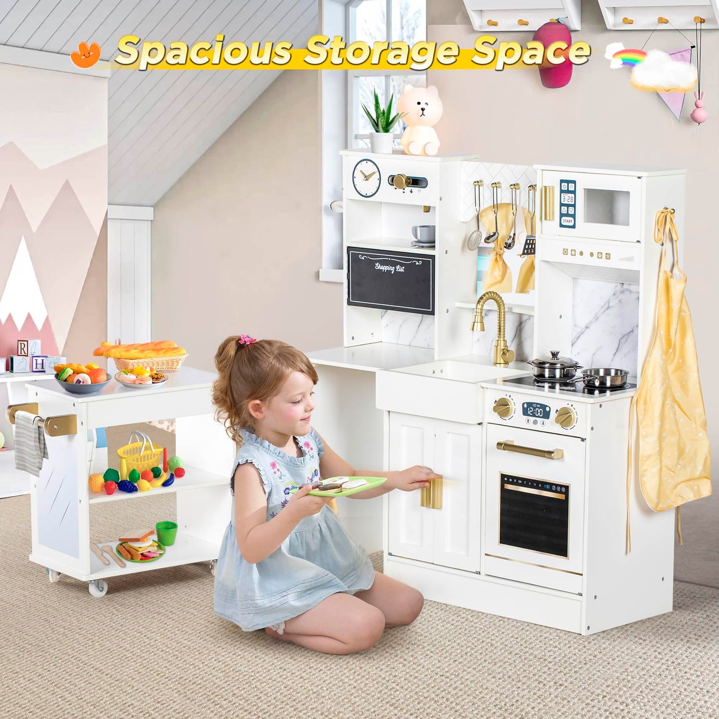 BRINJOY Kids Play Kitchen with Removable Cart, Wooden Toddler Kitchen Playset with Oven, Stove, Sink, Coffee Maker, Pretend Play Toy Kitchen Set for Children Boys Girls Ages 3