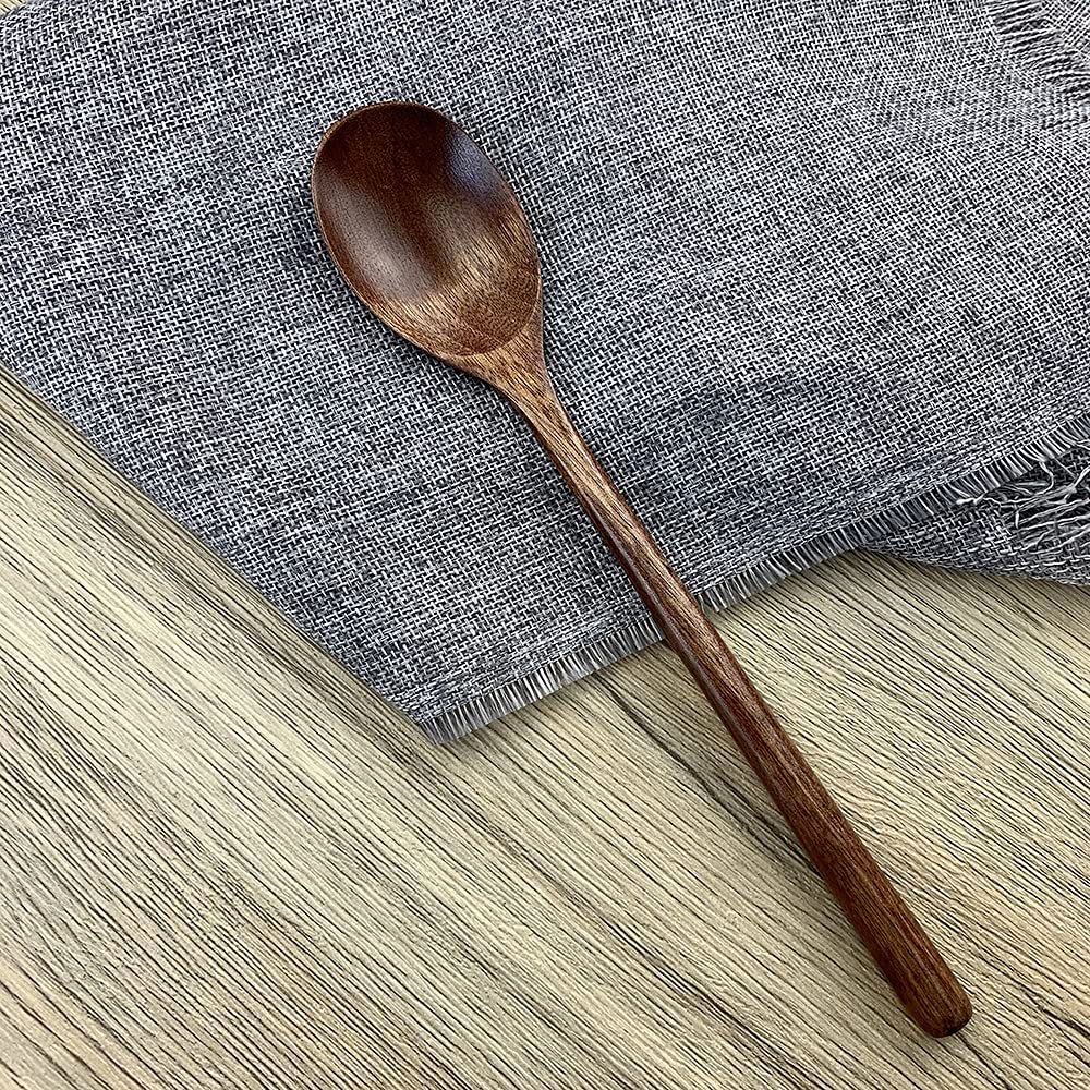 Wooden Spoons for Eating, ADLORYEA 9 inch Small Wooden Soup Spoon Mixing Stirring Tasting, 6-Piece Dark Brown Wood Spoons for Soup and Korean Food, Eco friendly Wooden Eating Utensils