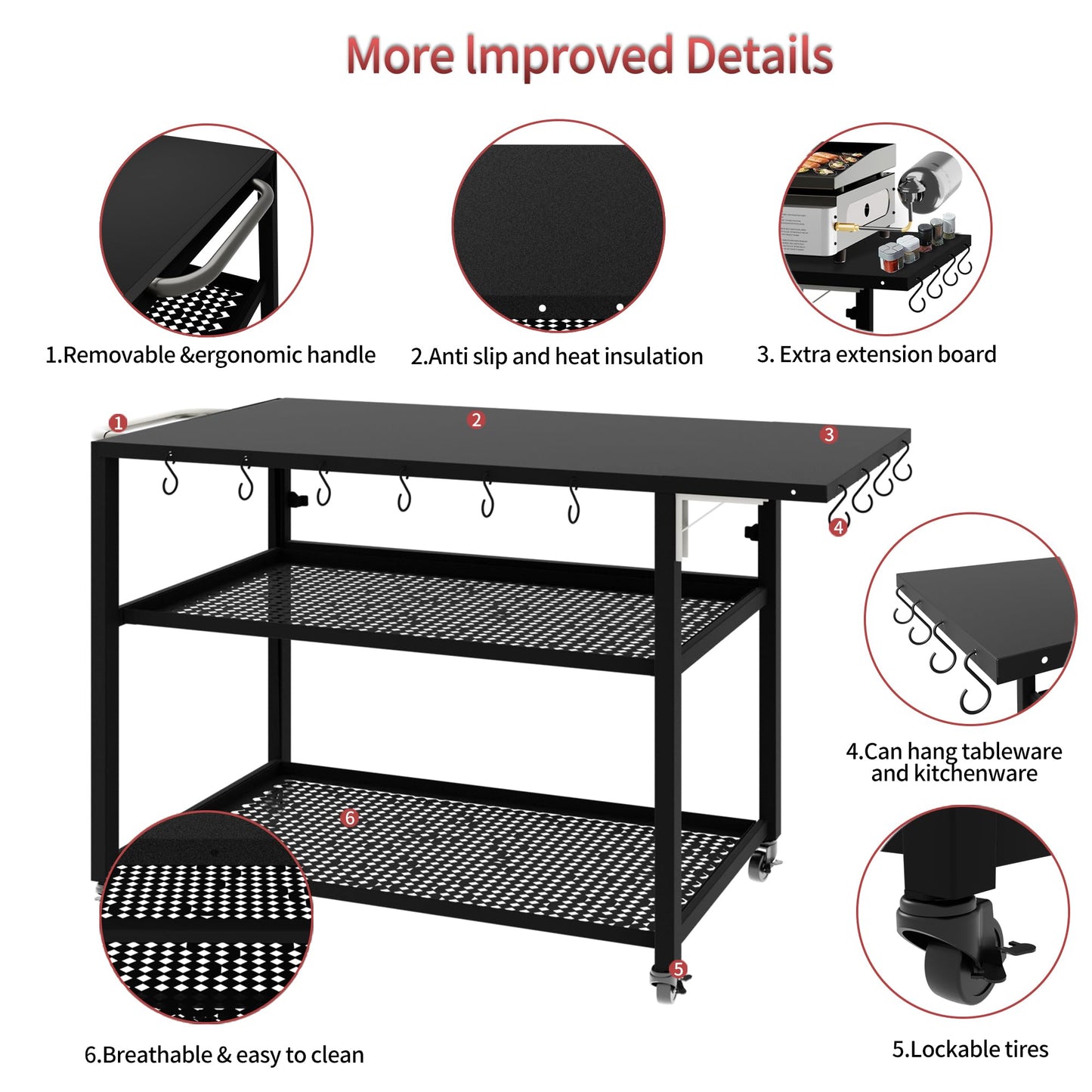 LERIKA Outdoor Grill Cart, 580lb Dining Cart Table with 3 Shelf, Stainless Steel Cart with Lockable Wheels