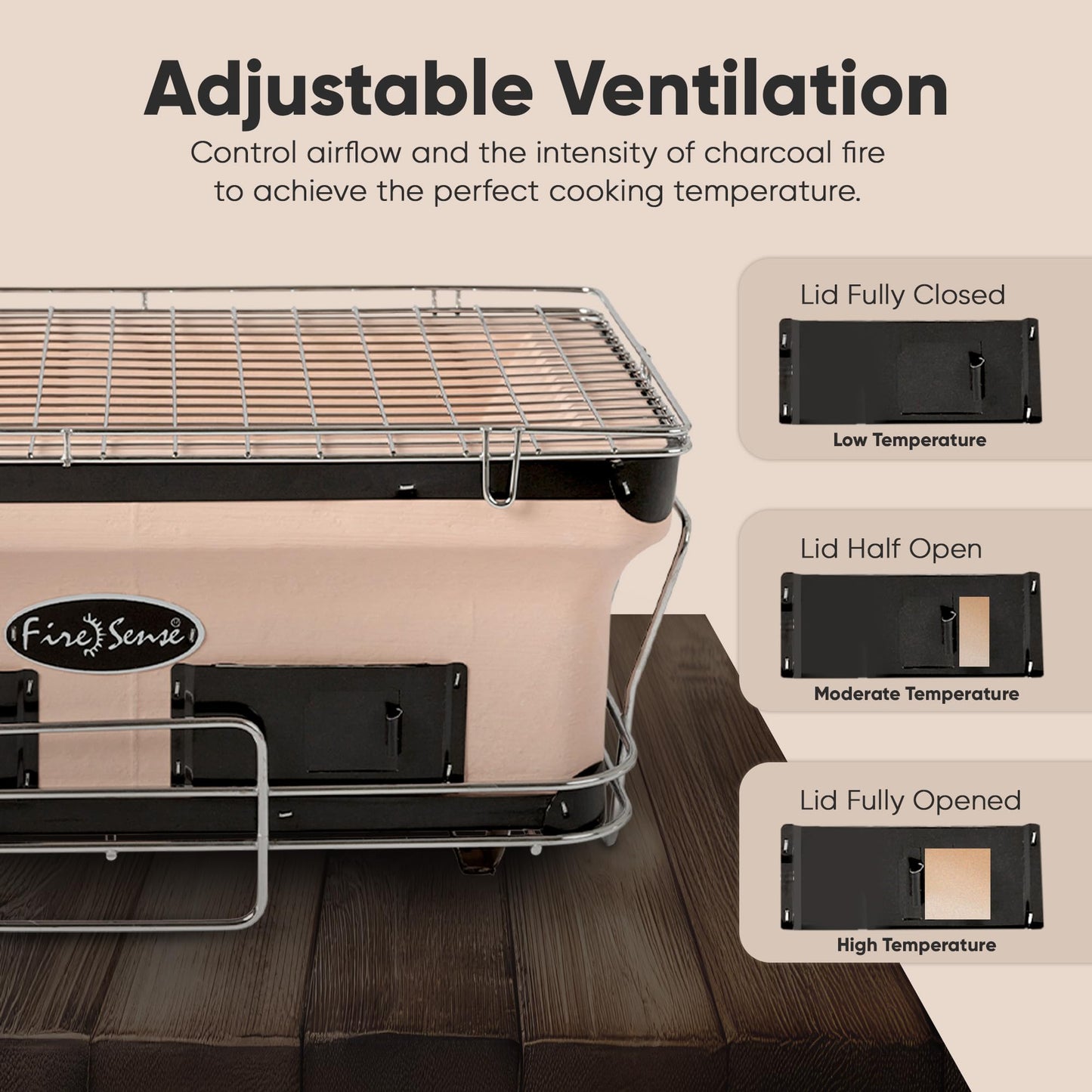 Fire Sense 60450 Yakatori Internal Grates Charcoal Chrome Cooking Grill Japanese Table BBQ Handmade Using Clay Adjustable Ventilation For Outdoor Barbecues Camping Traveling - Large - Tan