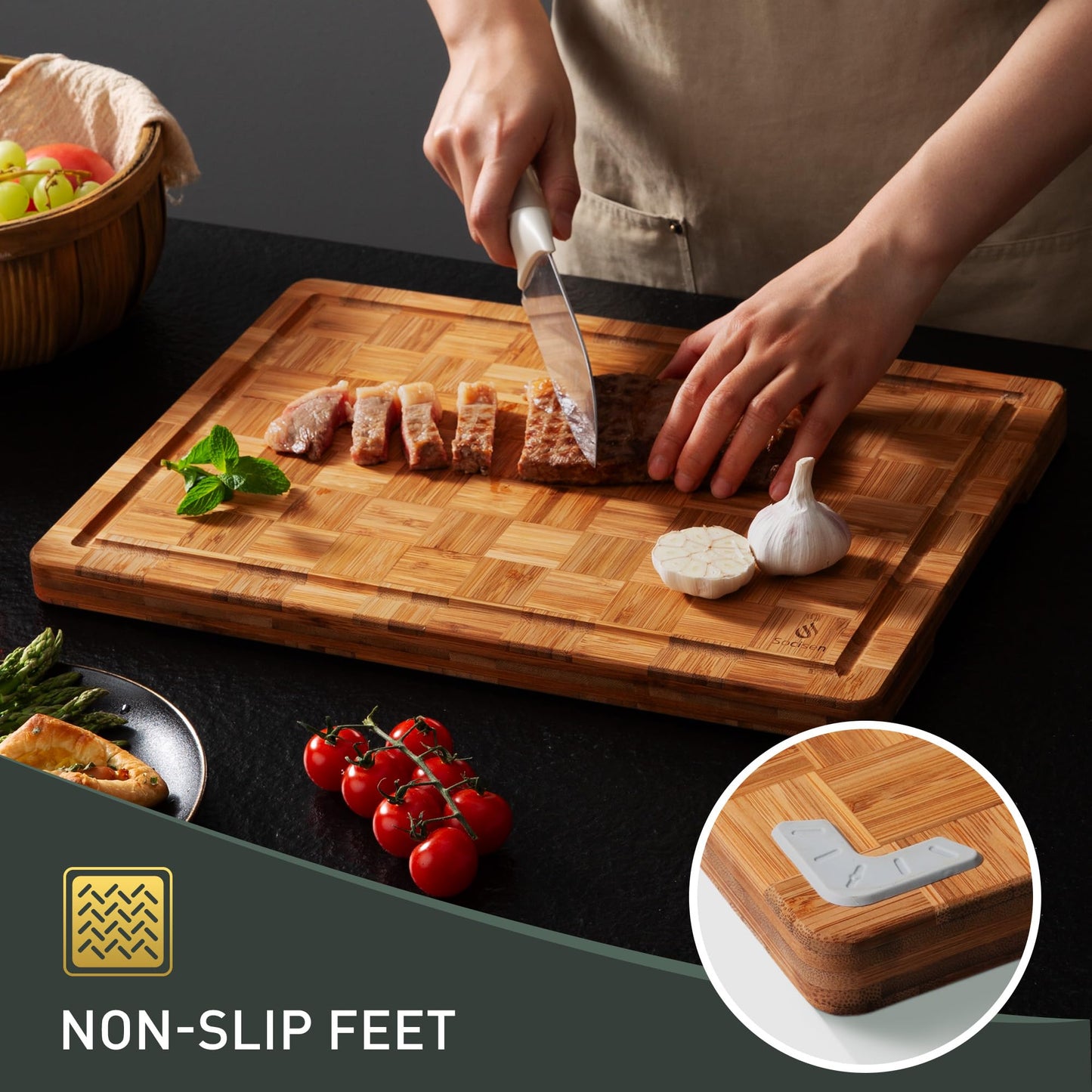 3 Pack Heavy Duty Bamboo Cutting Board Set Non Slip Over Sink Nice Solid End Grain Thick Wood Juice Groove Chopping Board Extra Large Big Small Best Kitchen Essential House Warming Hostess Host Gift