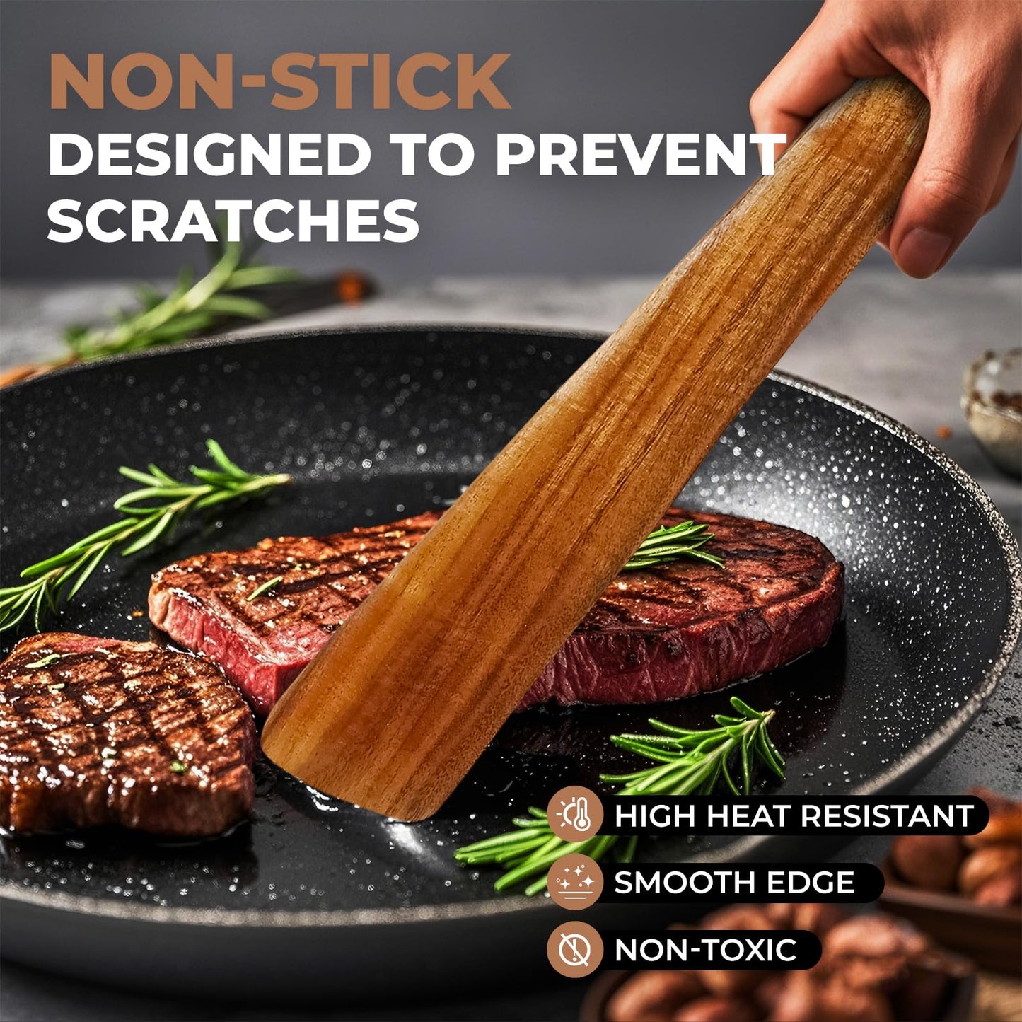 AIUHI Natural Teak Wood Spatula for Cooking, 12 Inches Flat Wooden Turner, Small Wood Flippers Handmade for Nonstick Cookware Turning Flipping Serving and Scraping. Set of 2