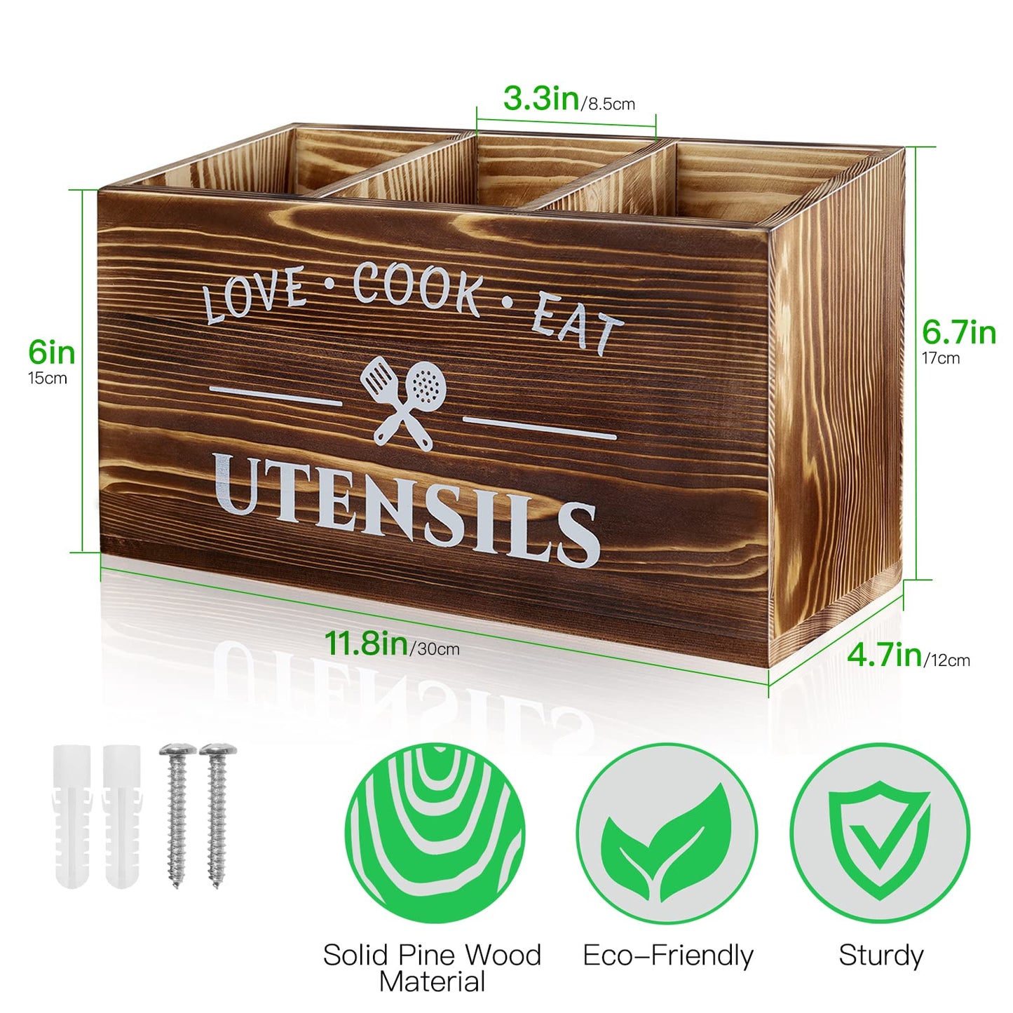 MINCORD Brown Utensil Holder Rustic Wood Utensil Caddy Crocks with 3 Compartments for Kitchen Counter, Farmhouse Flatware Organizer Storage Box for Silverware Fork Spoon Spatula