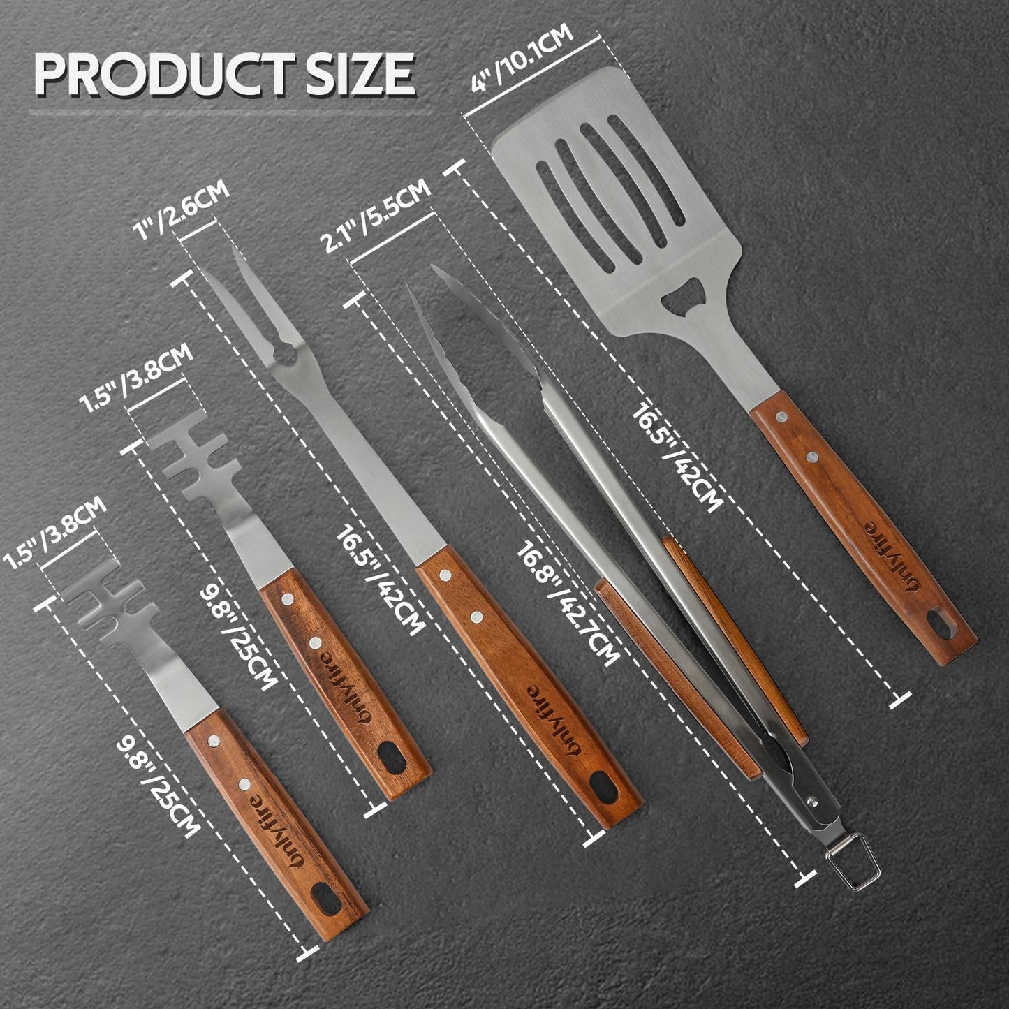 onlyfire 5PCS BBQ Tools, Heavy Duty Grill Kit with Wood Handles for Outdoor Camping, Multifunctional Griddle Utensil Set Including 1 BBQ Spatula, 1 Barbecue Tong, 1 Meat Fork and 2 Grate Liftes