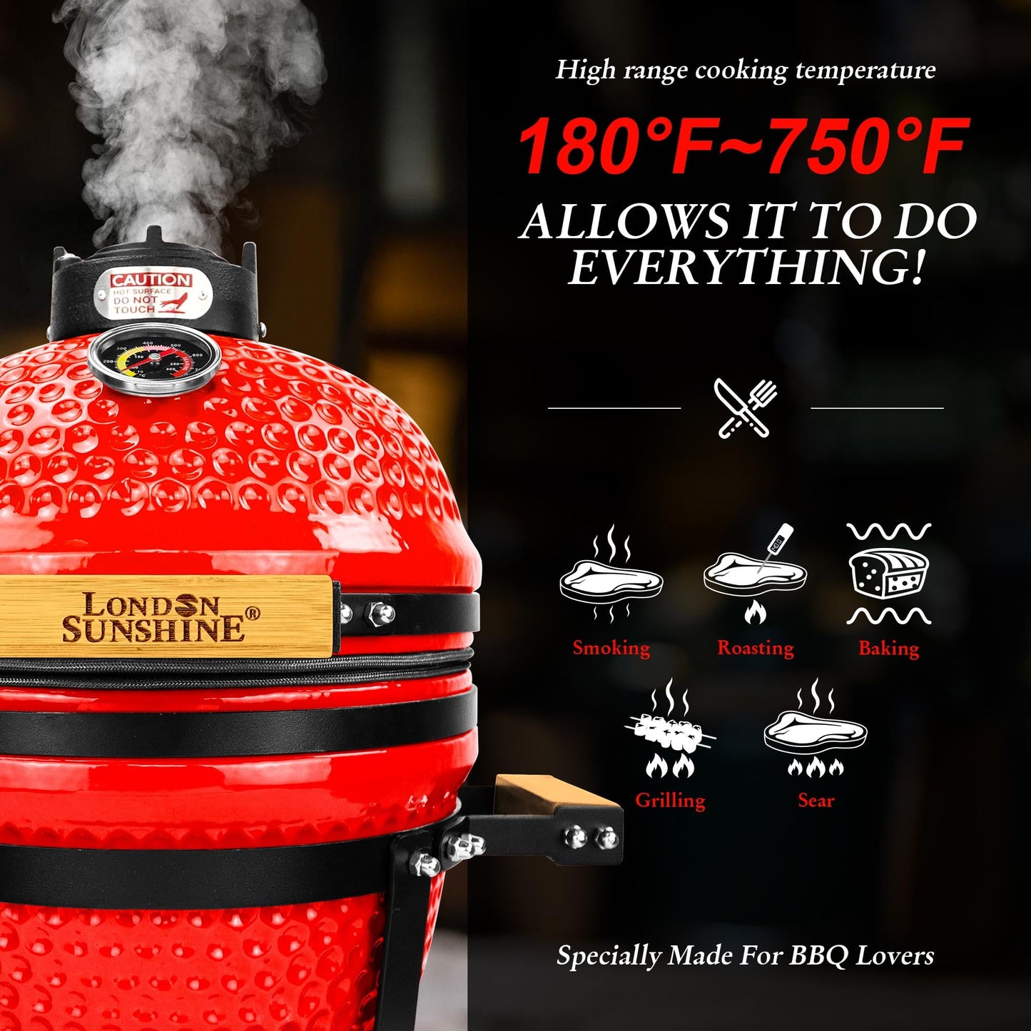 London Sunshine Ceramic BBQ Charcoal Kamado Grill 13 inch Portable Tabletop BBQ Grill Red