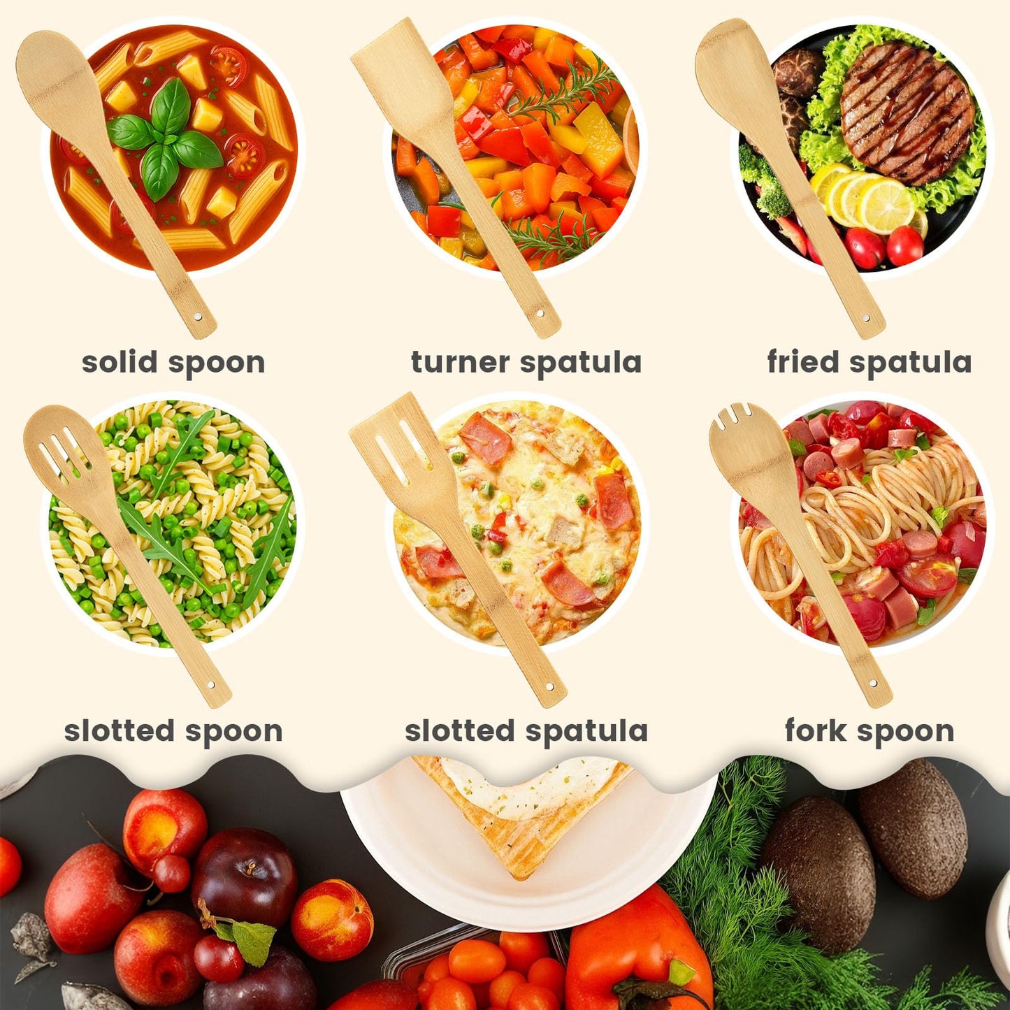 HAKSEN Bamboo Wooden Spoons for Cooking 6-Piece, Nonstick Bamboo Kitchen Utensils Set Wood Spatulas Spoons for Daily Use, Housewarming Gifts