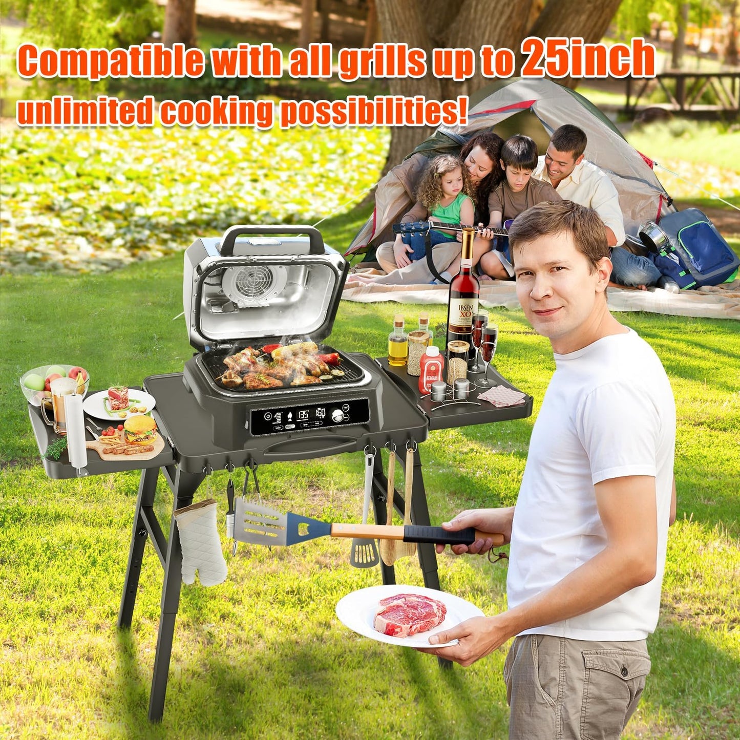 Grill Table Cart for Ninja Woodfire OG701 OG850 OG951, Pizza Oven Table Cart, Foldable Grill Stand for Ninja, Blackstone, Cuisinart, With Air Vent, Adjustable Height