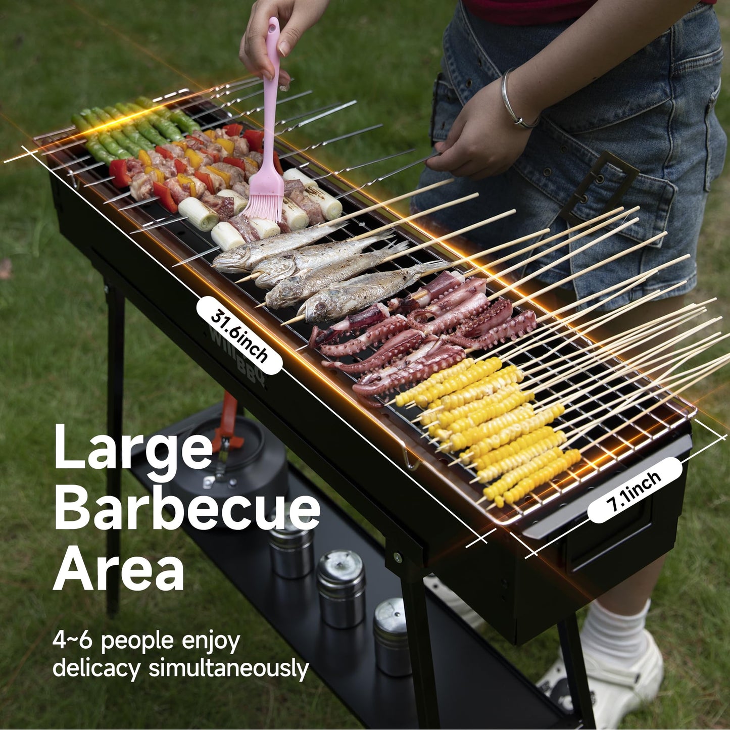 WILLBBQ Charcoal Grills Commercial Quality Portable Multiple Size Hibachi BBQ Lamb Skewer Folded Camping Barbecue Grill for Backyard Party Picnic Use(31.6x7.1x5.1 inch With Accessories),BLACK