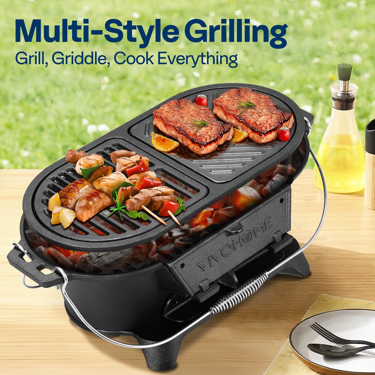 VIVOHOME Oval Cast Iron Grill with Interchangeable Grates & Griddle, 2 Furnace Doors for Heat Control, Includes Gloves, Poker and UV-Resistant Cover